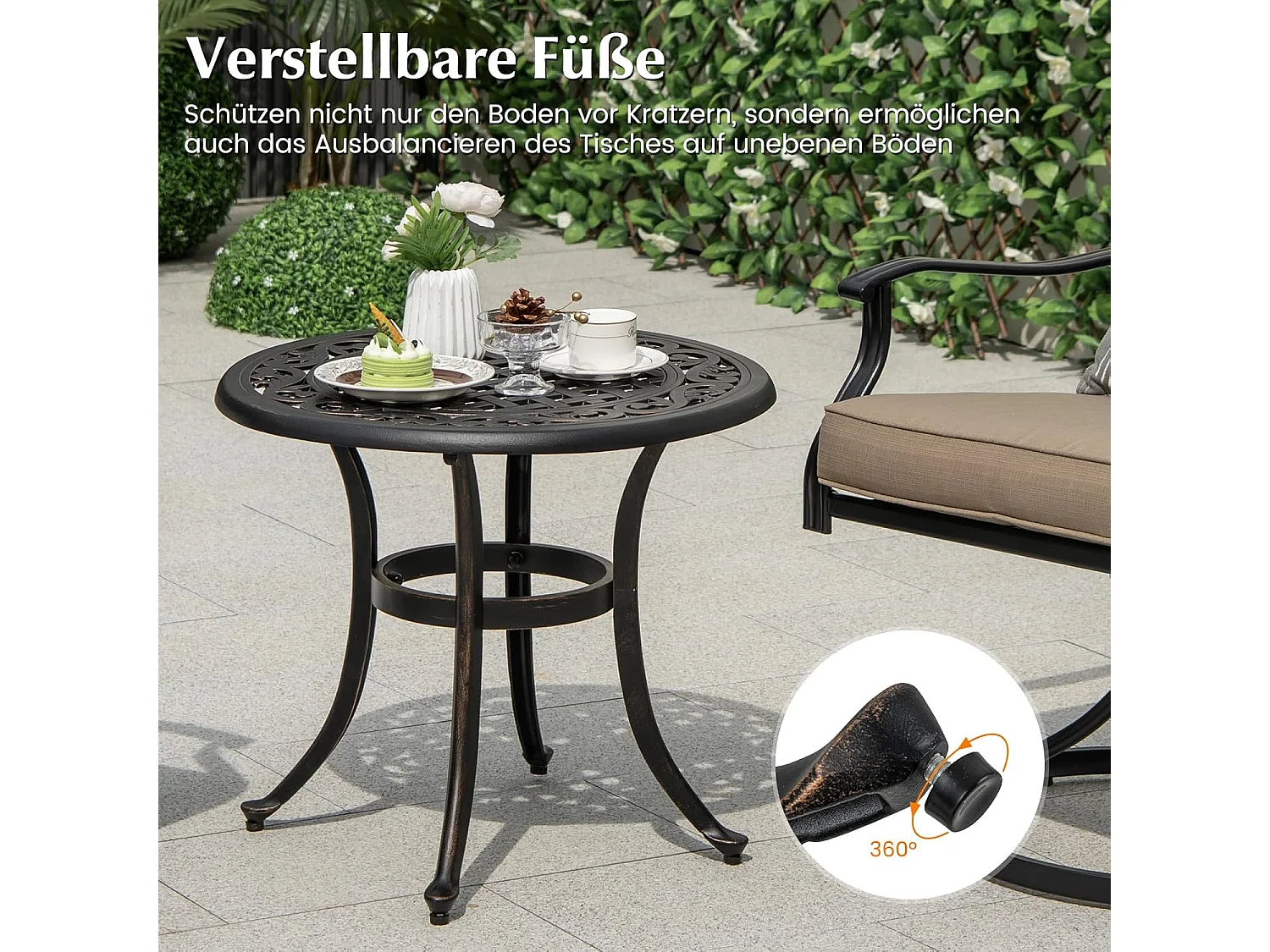Bijzettafel van gegoten aluminium, weerbestendige balkontafel met verstelbare voetkussens, ronde tuintafel voor tuin, achtertuin, balkon, 60 x 60 x 53 cm ZB33544