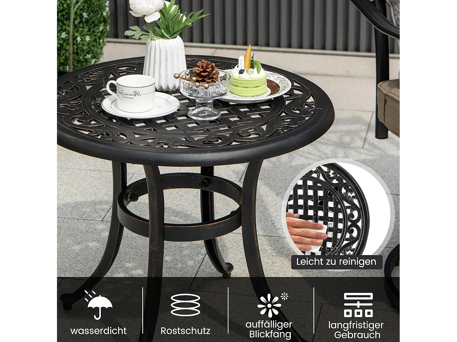 Bijzettafel van gegoten aluminium, weerbestendige balkontafel met verstelbare voetkussens, ronde tuintafel voor tuin, achtertuin, balkon, 60 x 60 x 53 cm ZB33544