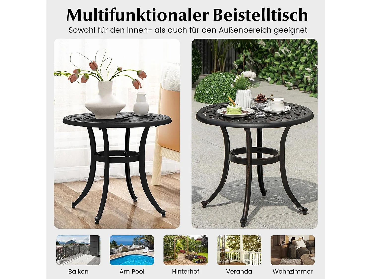 Bijzettafel van gegoten aluminium, weerbestendige balkontafel met verstelbare voetkussens, ronde tuintafel voor tuin, achtertuin, balkon, 60 x 60 x 53 cm ZB33544