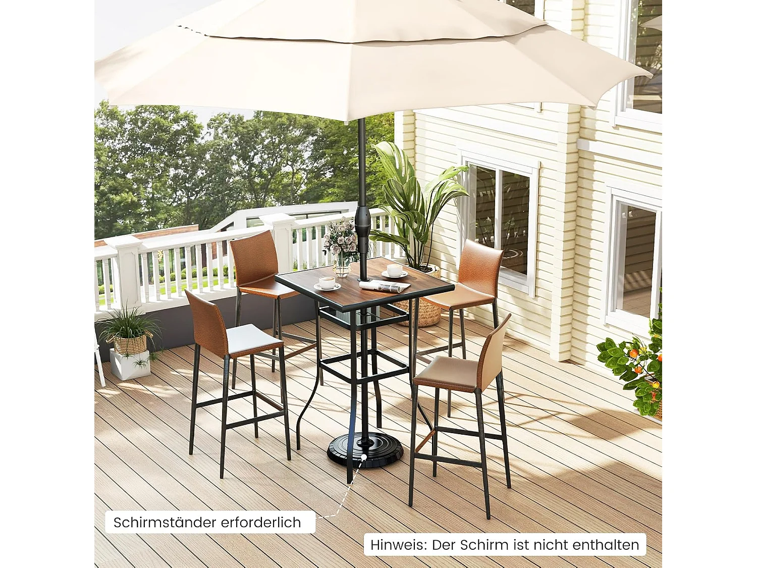 Bistrotafel met schermgat, tuintafel met tafelblad in houtlook, statafel, vierkante balkontafel voor tuin, achtertuin, balkon, 70 x 70 x 102 cm