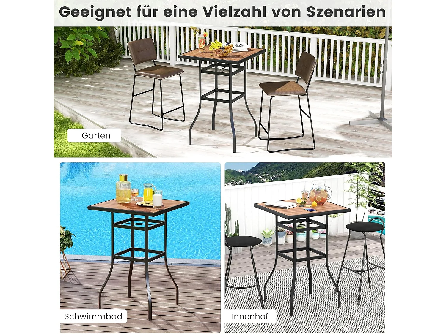 Bistrotafel met schermgat, tuintafel met tafelblad in houtlook, statafel, vierkante balkontafel voor tuin, achtertuin, balkon, 70 x 70 x 102 cm