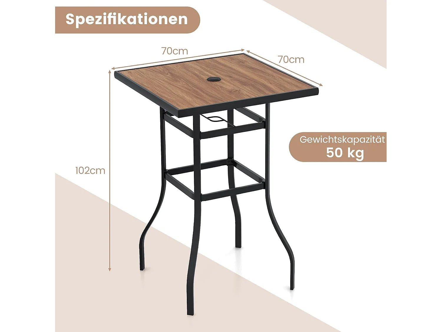 Bistrotafel met schermgat, tuintafel met tafelblad in houtlook, statafel, vierkante balkontafel voor tuin, achtertuin, balkon, 70 x 70 x 102 cm