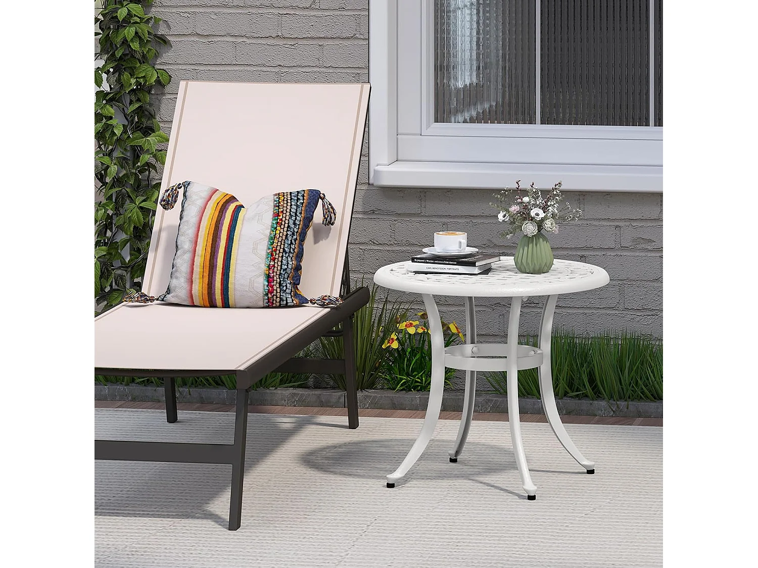 Bijzettafel van gegoten aluminium, weerbestendige balkontafel met verstelbare voetkussens, ronde tuintafel voor tuin, achtertuin, balkon, 60x60x53 cm, wit ZB33544