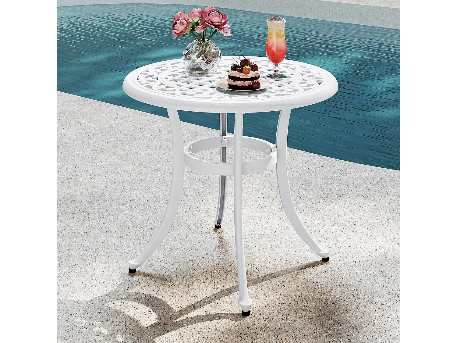 Bijzettafel van gegoten aluminium, weerbestendige balkontafel met verstelbare voetkussens, ronde tuintafel voor tuin, achtertuin, balkon, 60x60x53 cm, wit ZB33544