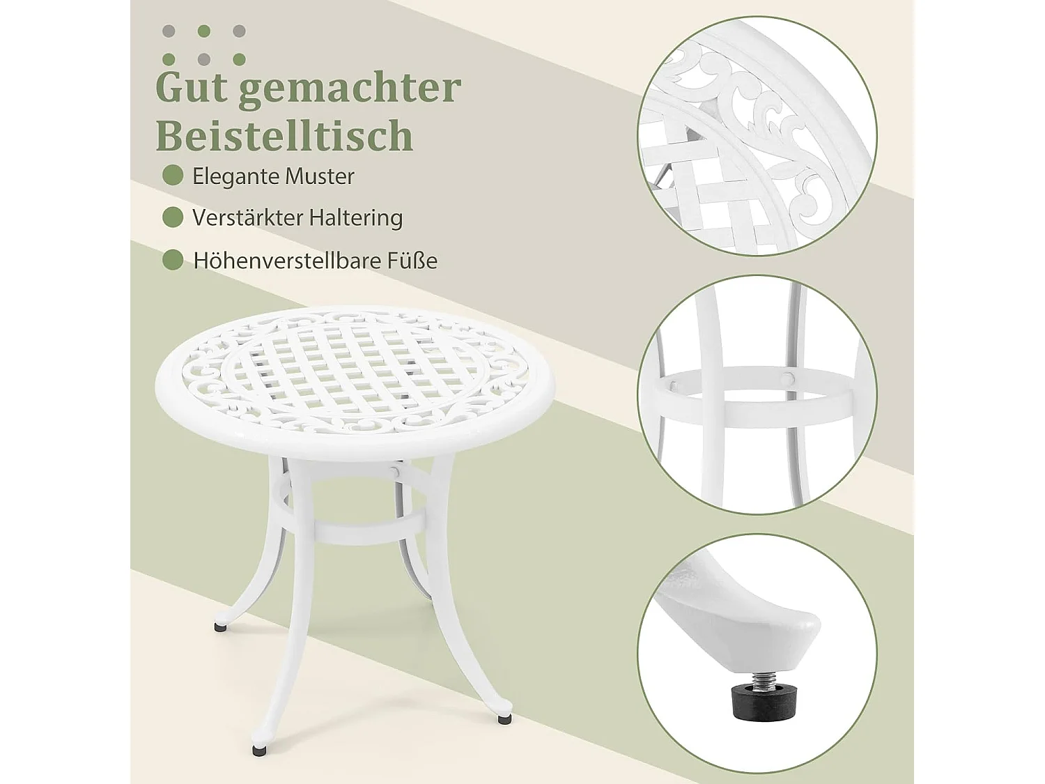 Bijzettafel van gegoten aluminium, weerbestendige balkontafel met verstelbare voetkussens, ronde tuintafel voor tuin, achtertuin, balkon, 60x60x53 cm, wit ZB33544