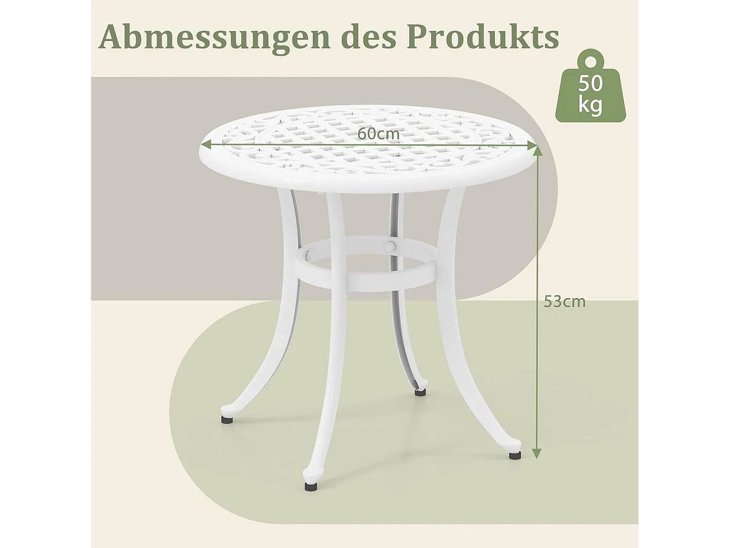 Bijzettafel van gegoten aluminium, weerbestendige balkontafel met verstelbare voetkussens, ronde tuintafel voor tuin, achtertuin, balkon, 60x60x53 cm, wit ZB33544