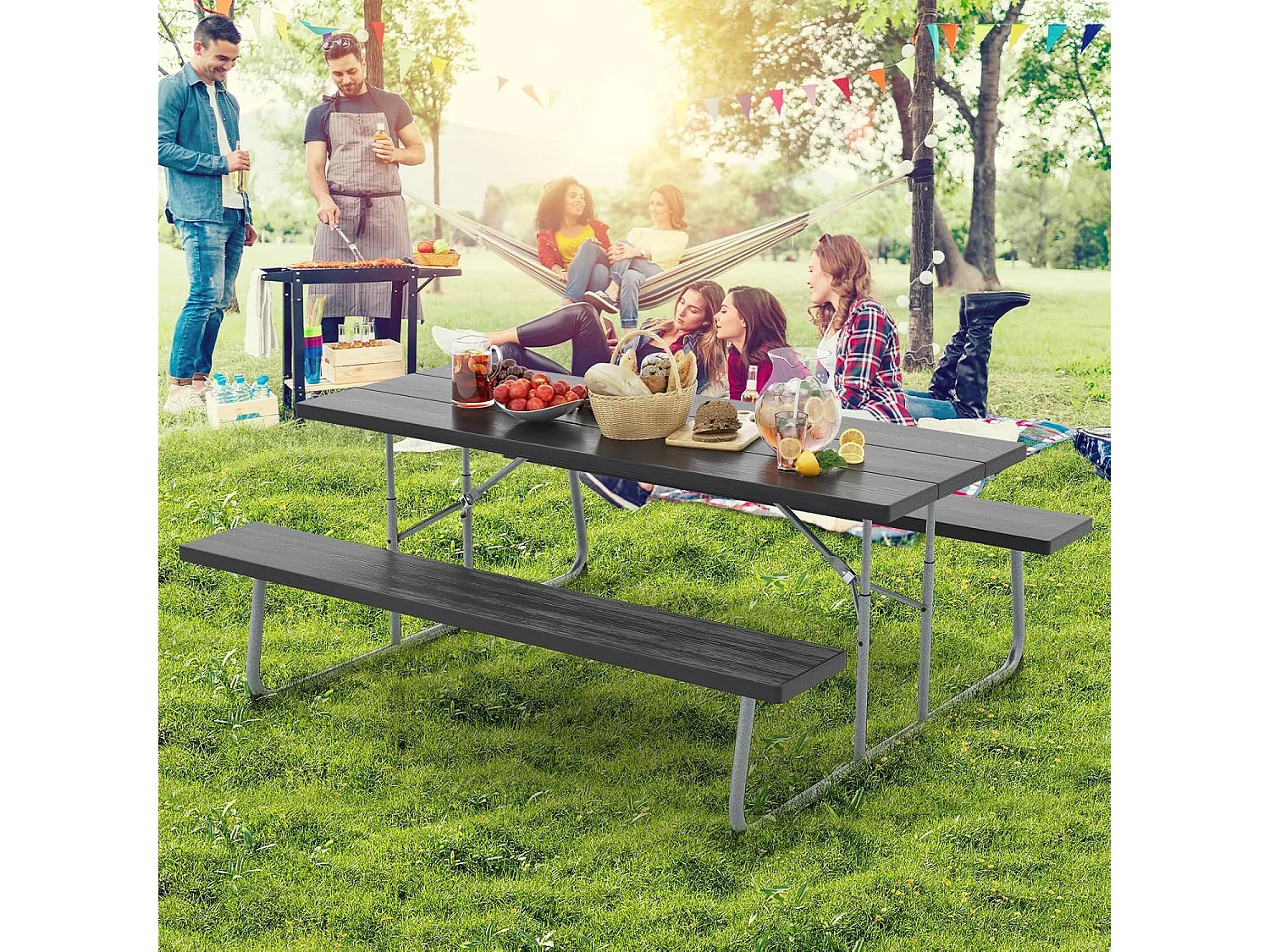 Biertentgarnituur, inklapbaar, 183 cm biertafelgarnituur in houtlook, biertafel met HDPE-tafelblad, parasolgat, feesttentgarnituur, zitgarnituur voor tuin ZB33489