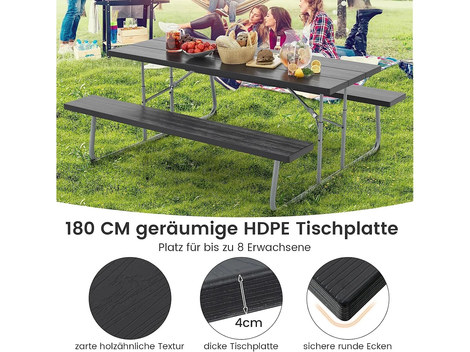 Biertentgarnituur, inklapbaar, 183 cm biertafelgarnituur in houtlook, biertafel met HDPE-tafelblad, parasolgat, feesttentgarnituur, zitgarnituur voor tuin ZB33489
