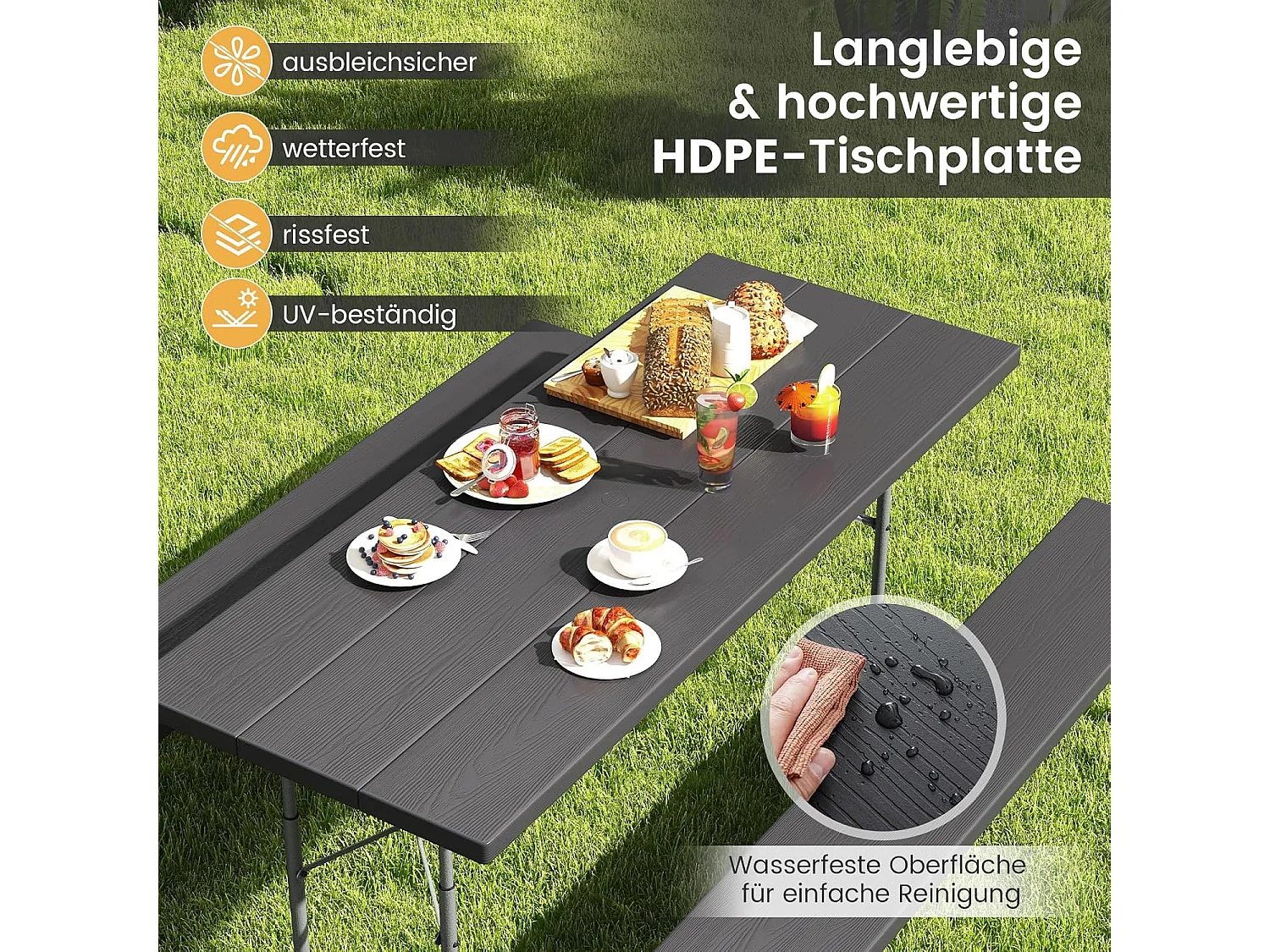 Biertentgarnituur, inklapbaar, 183 cm biertafelgarnituur in houtlook, biertafel met HDPE-tafelblad, parasolgat, feesttentgarnituur, zitgarnituur voor tuin ZB33489