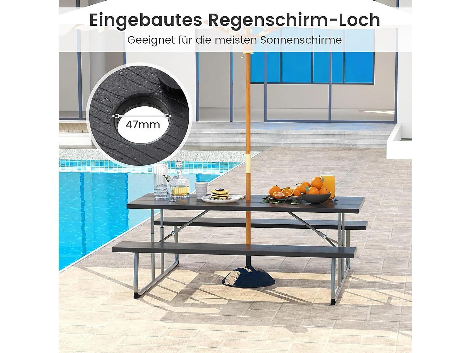 Biertentgarnituur, inklapbaar, 183 cm biertafelgarnituur in houtlook, biertafel met HDPE-tafelblad, parasolgat, feesttentgarnituur, zitgarnituur voor tuin ZB33489