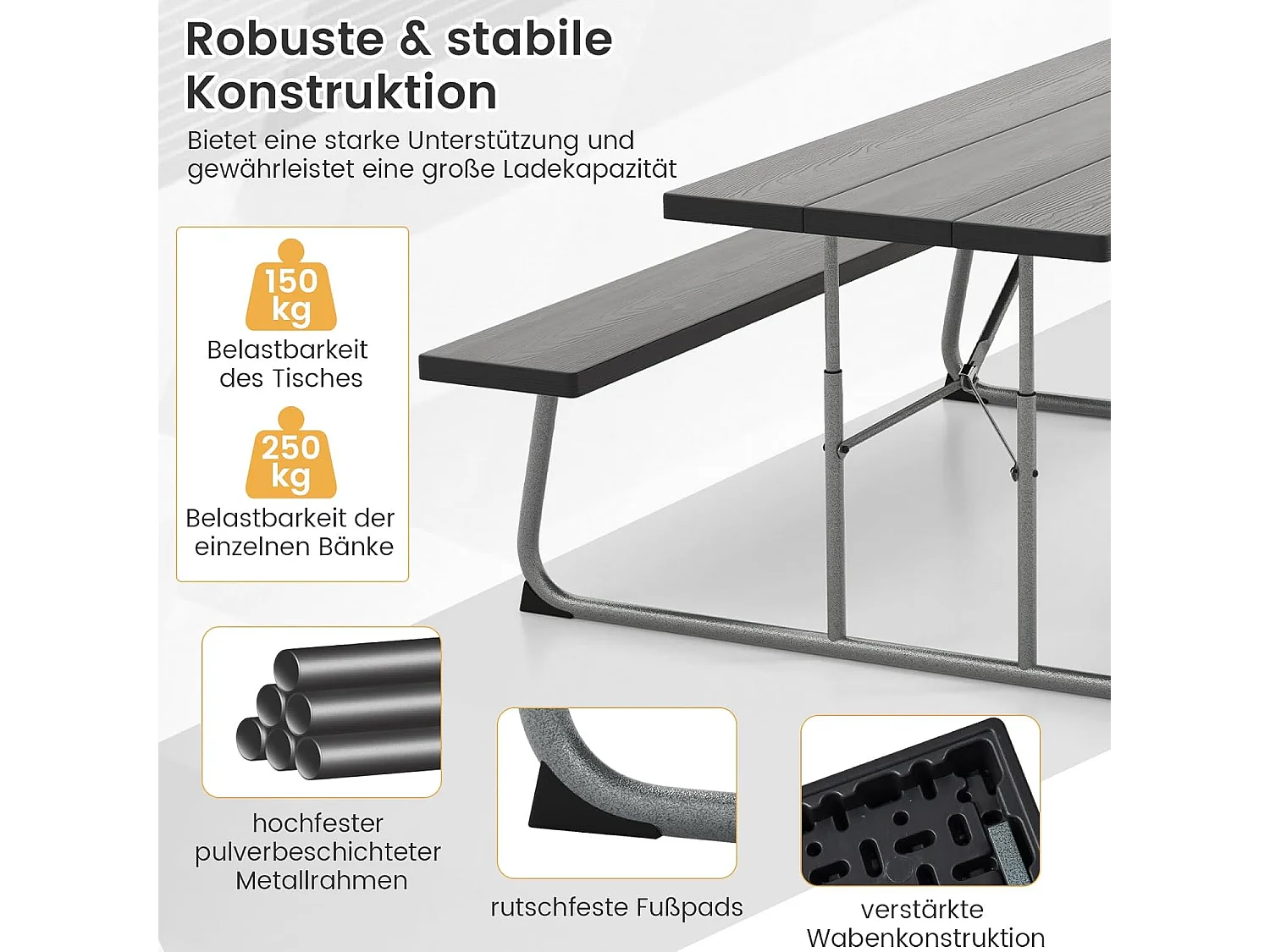 Biertentgarnituur, inklapbaar, 183 cm biertafelgarnituur in houtlook, biertafel met HDPE-tafelblad, parasolgat, feesttentgarnituur, zitgarnituur voor tuin ZB33489