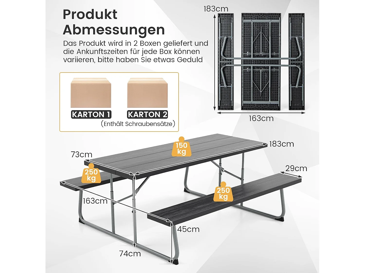 Biertentgarnituur, inklapbaar, 183 cm biertafelgarnituur in houtlook, biertafel met HDPE-tafelblad, parasolgat, feesttentgarnituur, zitgarnituur voor tuin ZB33489