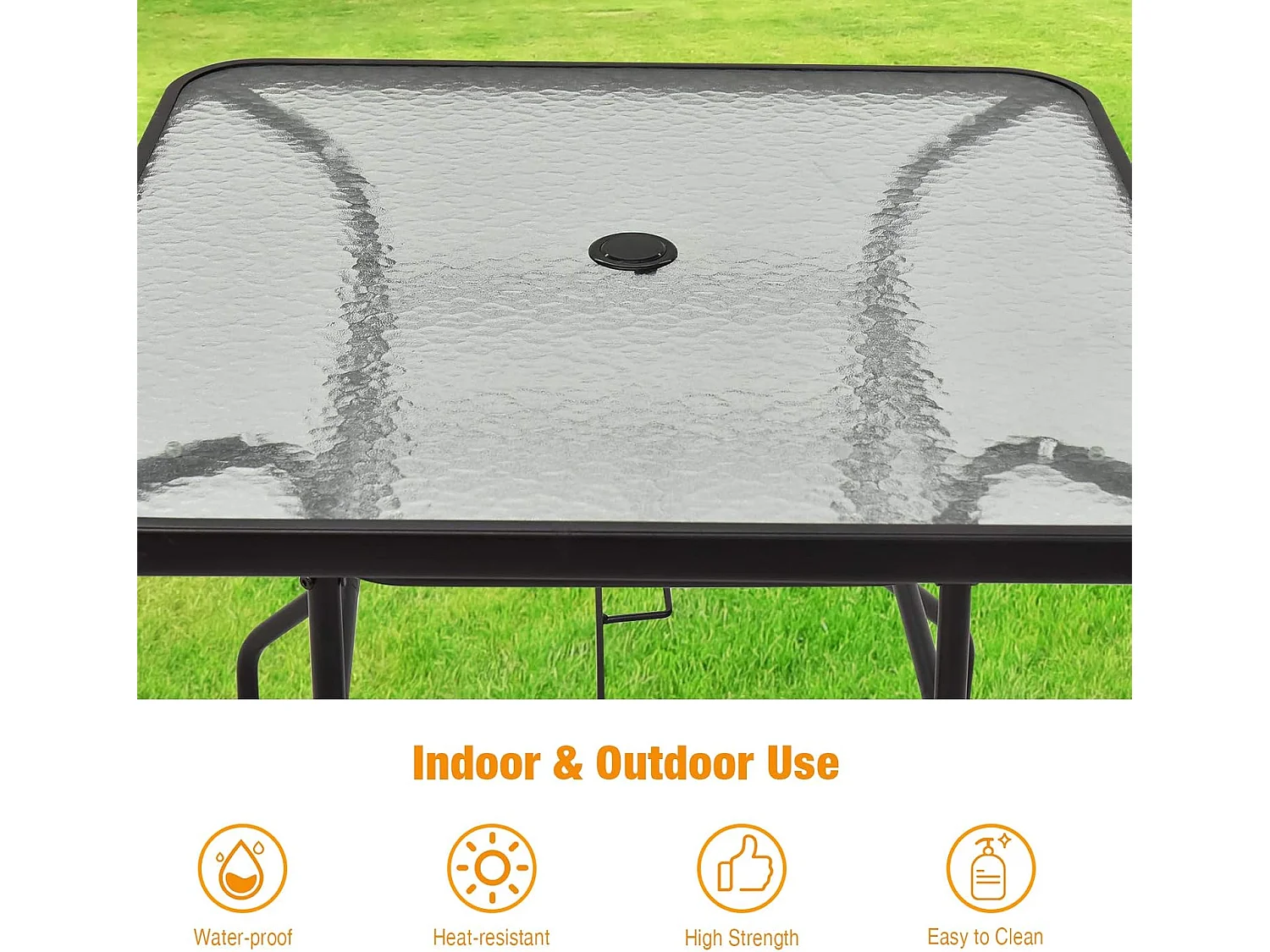 Vierkante tuintafel, balkontafel met parasolhoogte en glasplaat, bistrotafel voor 4 personen,terrastafel tot 80 kg voor tuin, terras, binnenplaats, 81 x 81 x 71 cm