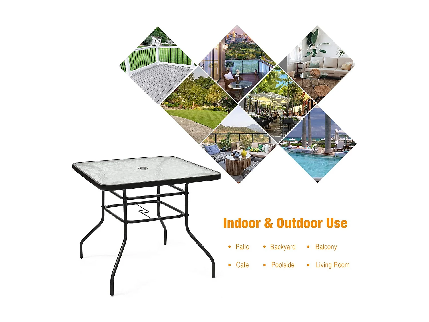 Vierkante tuintafel, balkontafel met parasolhoogte en glasplaat, bistrotafel voor 4 personen,terrastafel tot 80 kg voor tuin, terras, binnenplaats, 81 x 81 x 71 cm