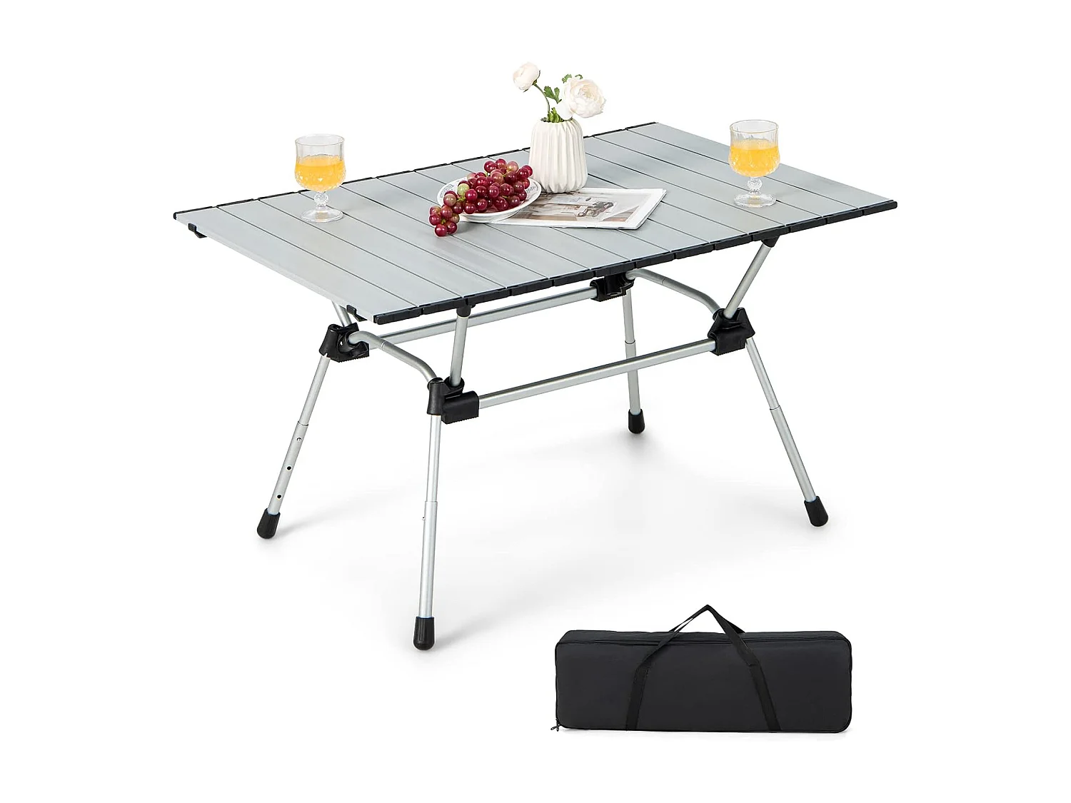 Campingtafel, opvouwbaar, in hoogte verstelbare vouwtafel met aluminium tafelblad, klaptafel, tuintafel, incl. draagtas, 90 x 60,5 x 52 cm (zilver) ZB33368