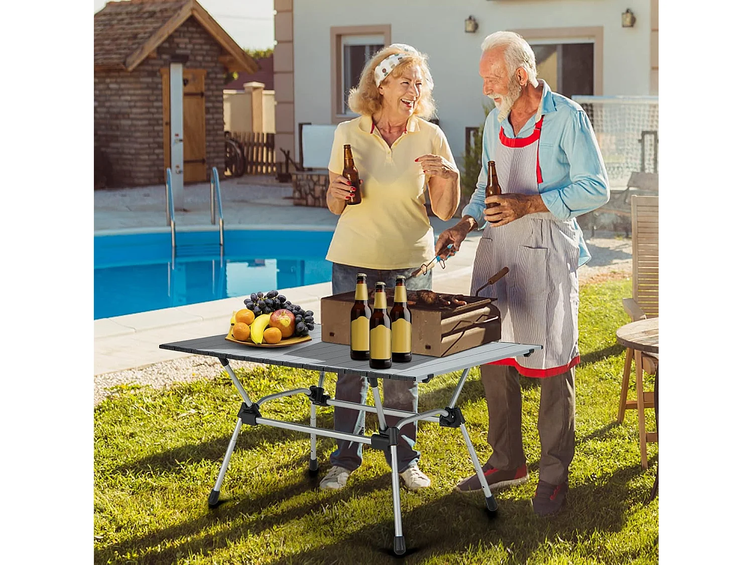 Campingtafel, opvouwbaar, in hoogte verstelbare vouwtafel met aluminium tafelblad, klaptafel, tuintafel, incl. draagtas, 90 x 60,5 x 52 cm (zilver) ZB33368