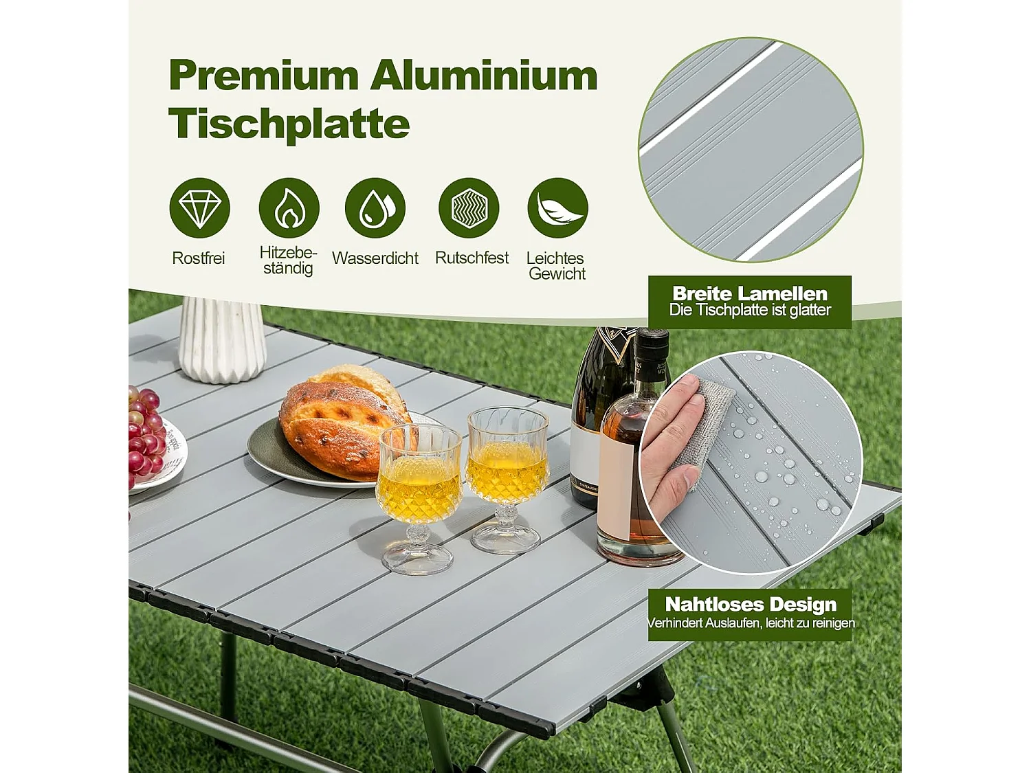 Campingtafel, opvouwbaar, in hoogte verstelbare vouwtafel met aluminium tafelblad, klaptafel, tuintafel, incl. draagtas, 90 x 60,5 x 52 cm (zilver) ZB33368