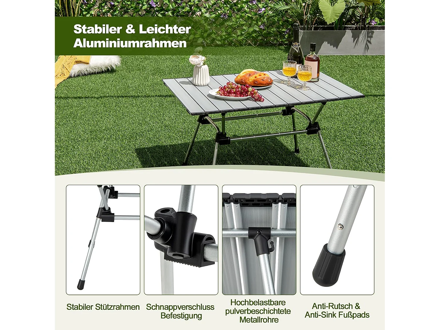 Campingtafel, opvouwbaar, in hoogte verstelbare vouwtafel met aluminium tafelblad, klaptafel, tuintafel, incl. draagtas, 90 x 60,5 x 52 cm (zilver) ZB33368