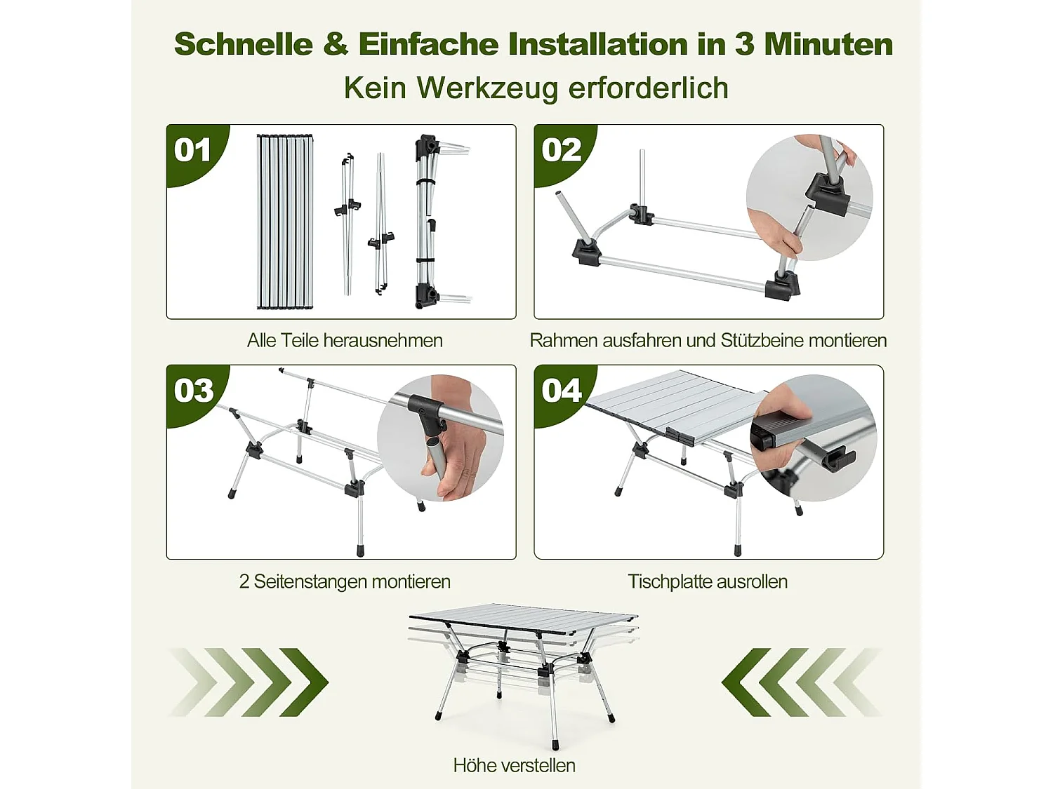 Campingtafel, opvouwbaar, in hoogte verstelbare vouwtafel met aluminium tafelblad, klaptafel, tuintafel, incl. draagtas, 90 x 60,5 x 52 cm (zilver) ZB33368
