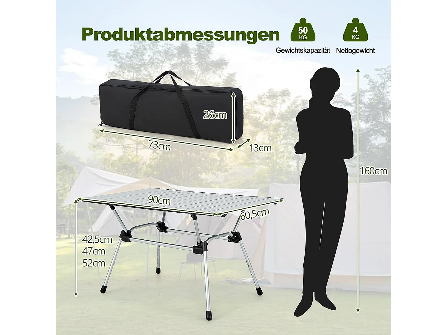 Campingtafel, opvouwbaar, in hoogte verstelbare vouwtafel met aluminium tafelblad, klaptafel, tuintafel, incl. draagtas, 90 x 60,5 x 52 cm (zilver) ZB33368