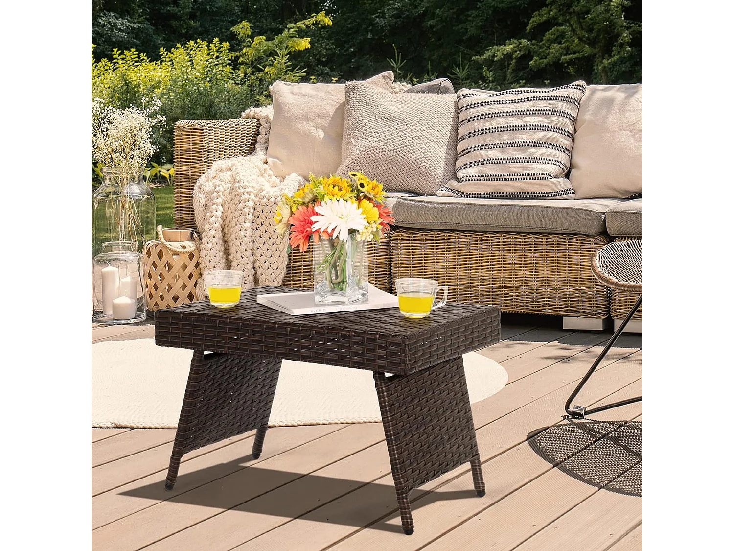 Rotantafel, inklapbaar, bijzettafel,polyrotan tuintafel, bistrotafel, koffietafel, 60 x 40 x 40 cm, balkontafel, theetafel,woonkamer, balkon, bruin (met pvc-plaat)