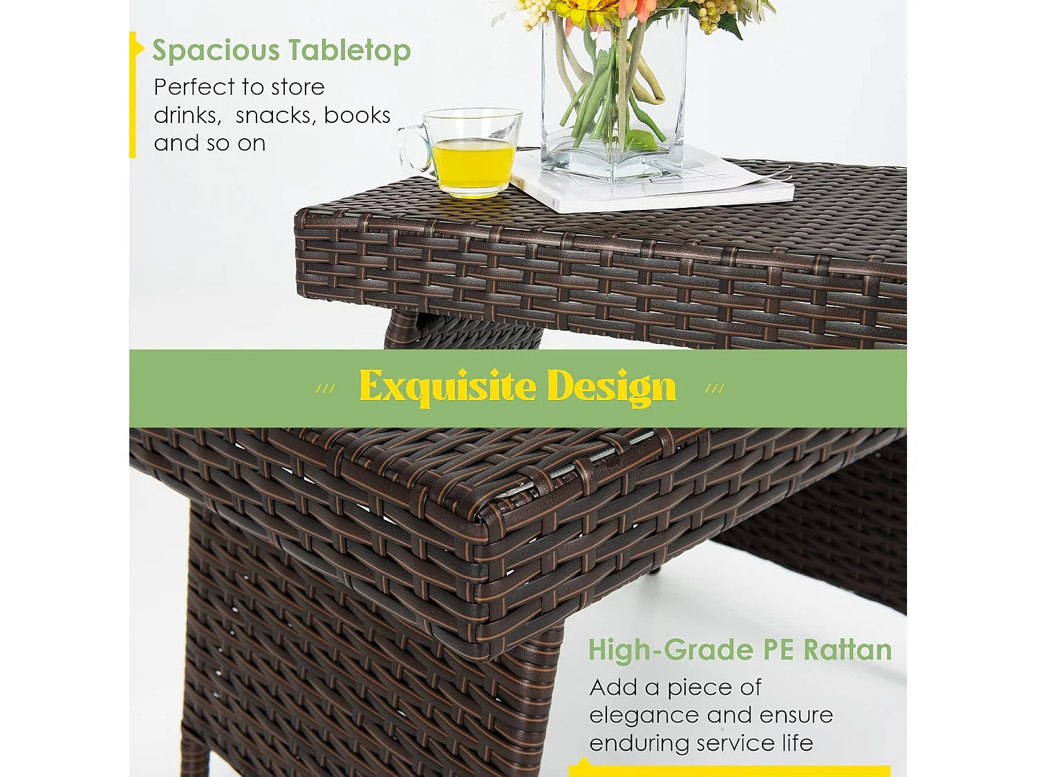 Rotantafel, inklapbaar, bijzettafel,polyrotan tuintafel, bistrotafel, koffietafel, 60 x 40 x 40 cm, balkontafel, theetafel,woonkamer, balkon, bruin (met pvc-plaat)