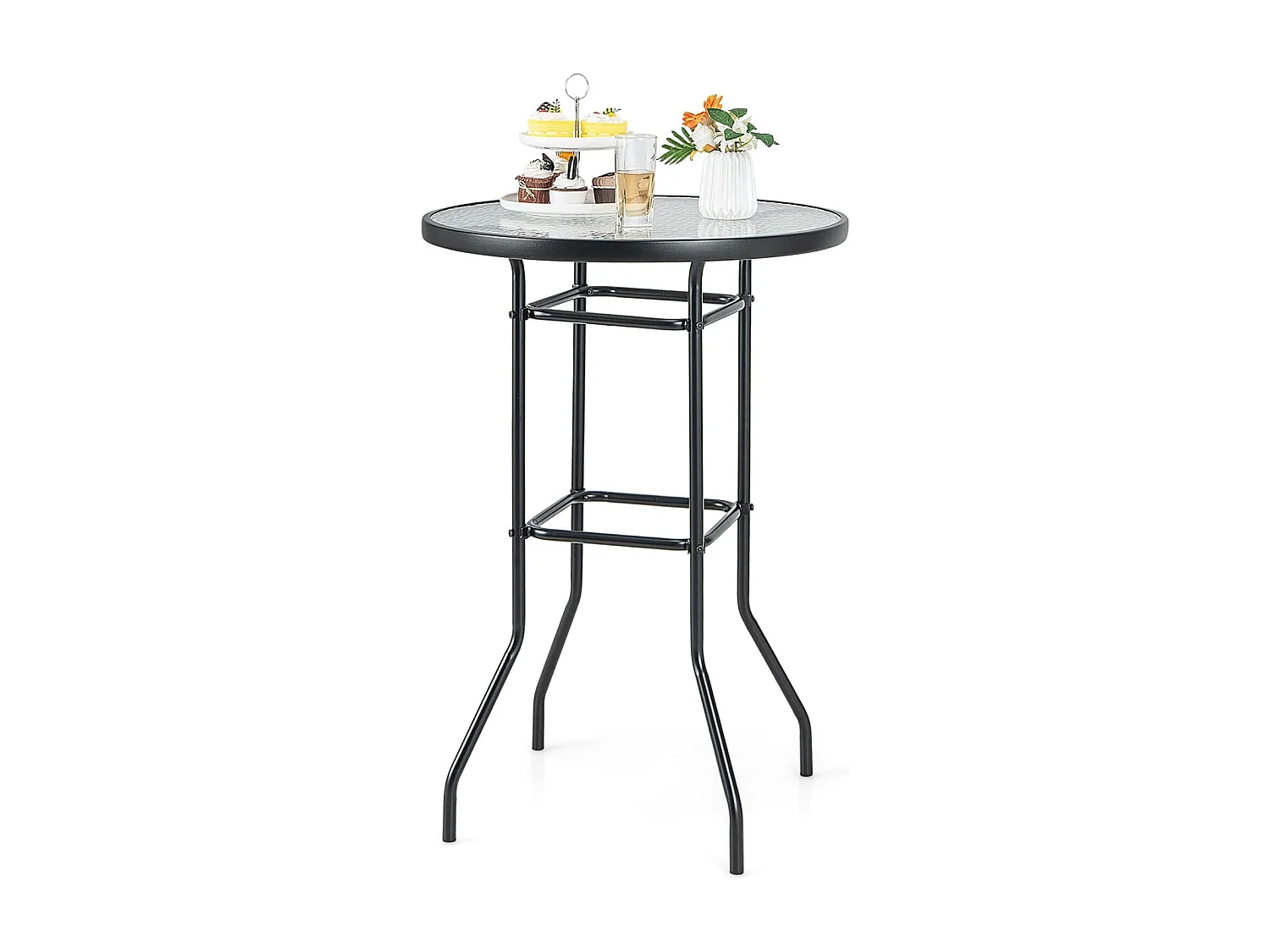 Hoge tuintafel, statafel, ronde bistrotafel met tafelblad van gehard glas, bartafel voor terras, binnenplaats, zwembad, 68 x 68 x 97 cm