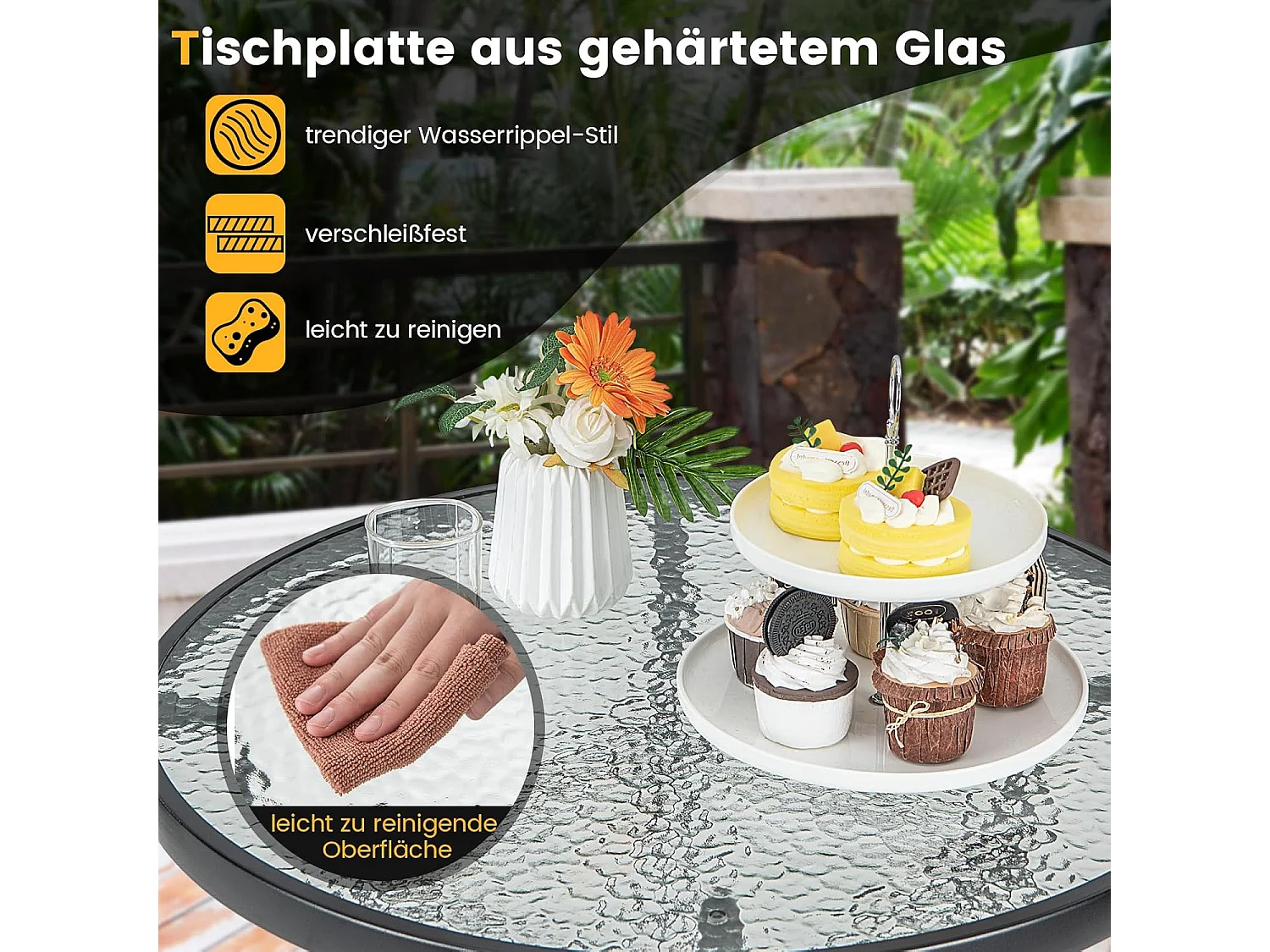 Hoge tuintafel, statafel, ronde bistrotafel met tafelblad van gehard glas, bartafel voor terras, binnenplaats, zwembad, 68 x 68 x 97 cm