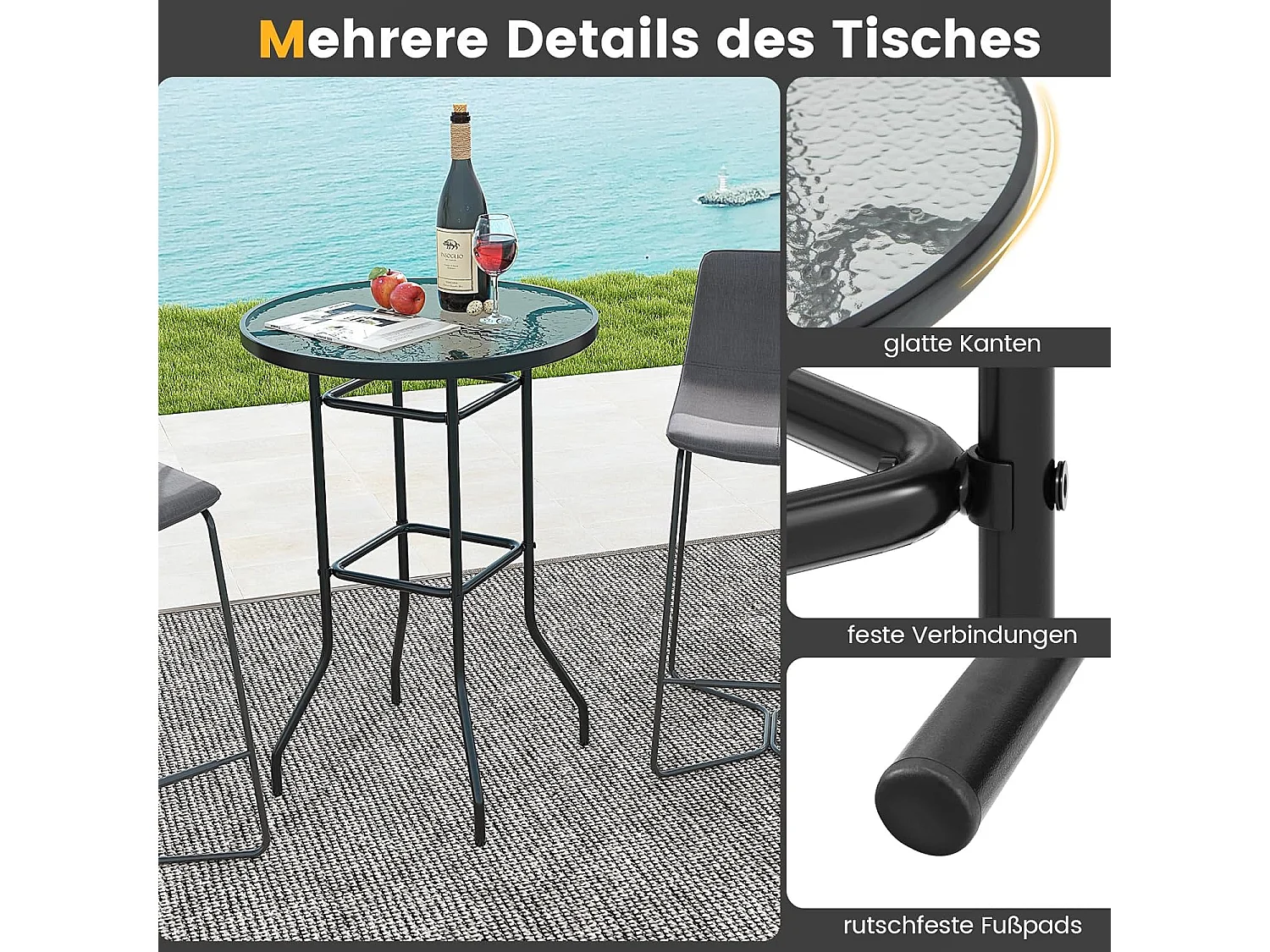 Hoge tuintafel, statafel, ronde bistrotafel met tafelblad van gehard glas, bartafel voor terras, binnenplaats, zwembad, 68 x 68 x 97 cm