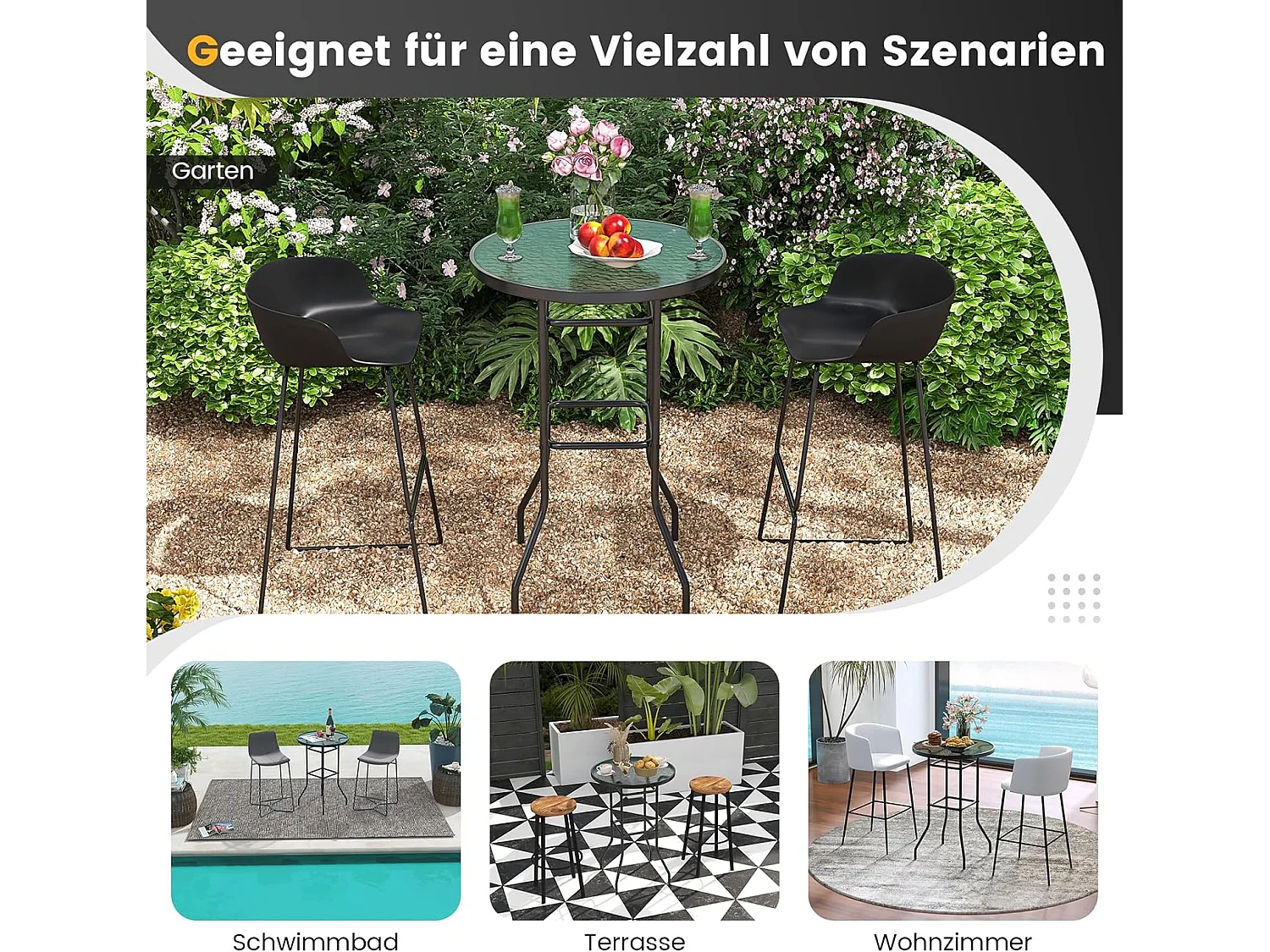 Hoge tuintafel, statafel, ronde bistrotafel met tafelblad van gehard glas, bartafel voor terras, binnenplaats, zwembad, 68 x 68 x 97 cm