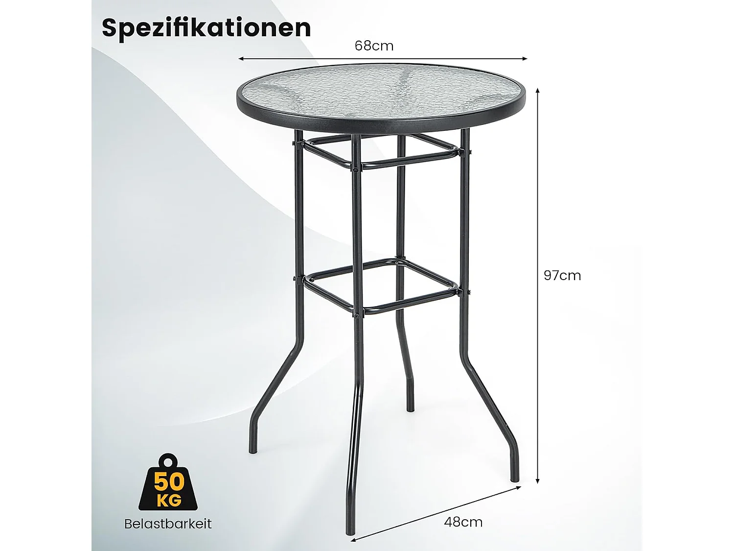 Hoge tuintafel, statafel, ronde bistrotafel met tafelblad van gehard glas, bartafel voor terras, binnenplaats, zwembad, 68 x 68 x 97 cm