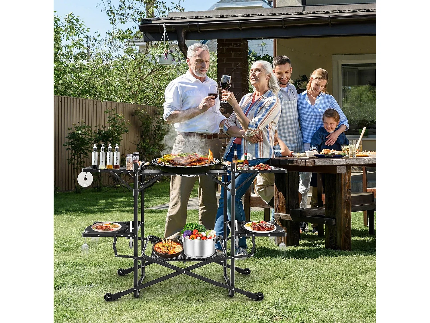 Campingkeuken, inklapbaar, reiskeuken, 4 zijtafels, opbergruimte en draagtas, campingkeuken, outdoor kookstation voor picknick, barbecue, camping en reizen