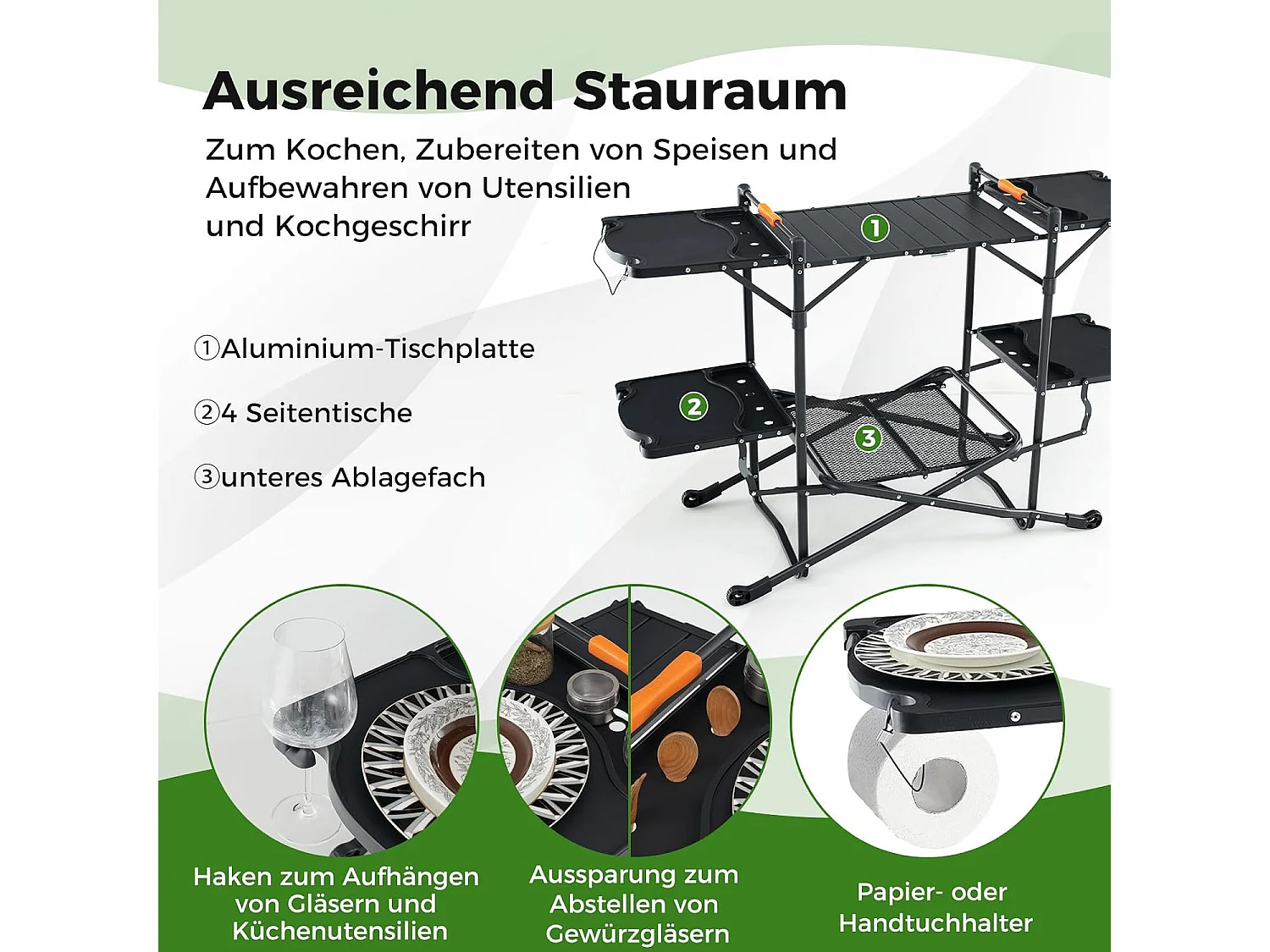 Campingkeuken, inklapbaar, reiskeuken, 4 zijtafels, opbergruimte en draagtas, campingkeuken, outdoor kookstation voor picknick, barbecue, camping en reizen