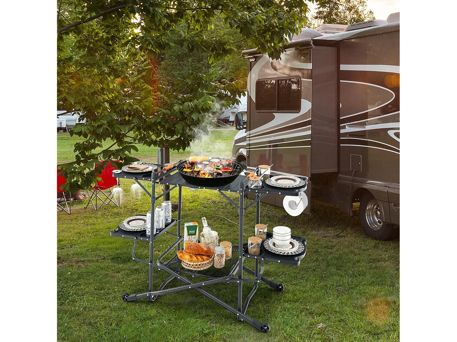 Campingkeuken, inklapbaar, reiskeuken, 4 zijtafels, opbergruimte en draagtas, campingkeuken, outdoor kookstation voor picknick, barbecue, camping en reizen