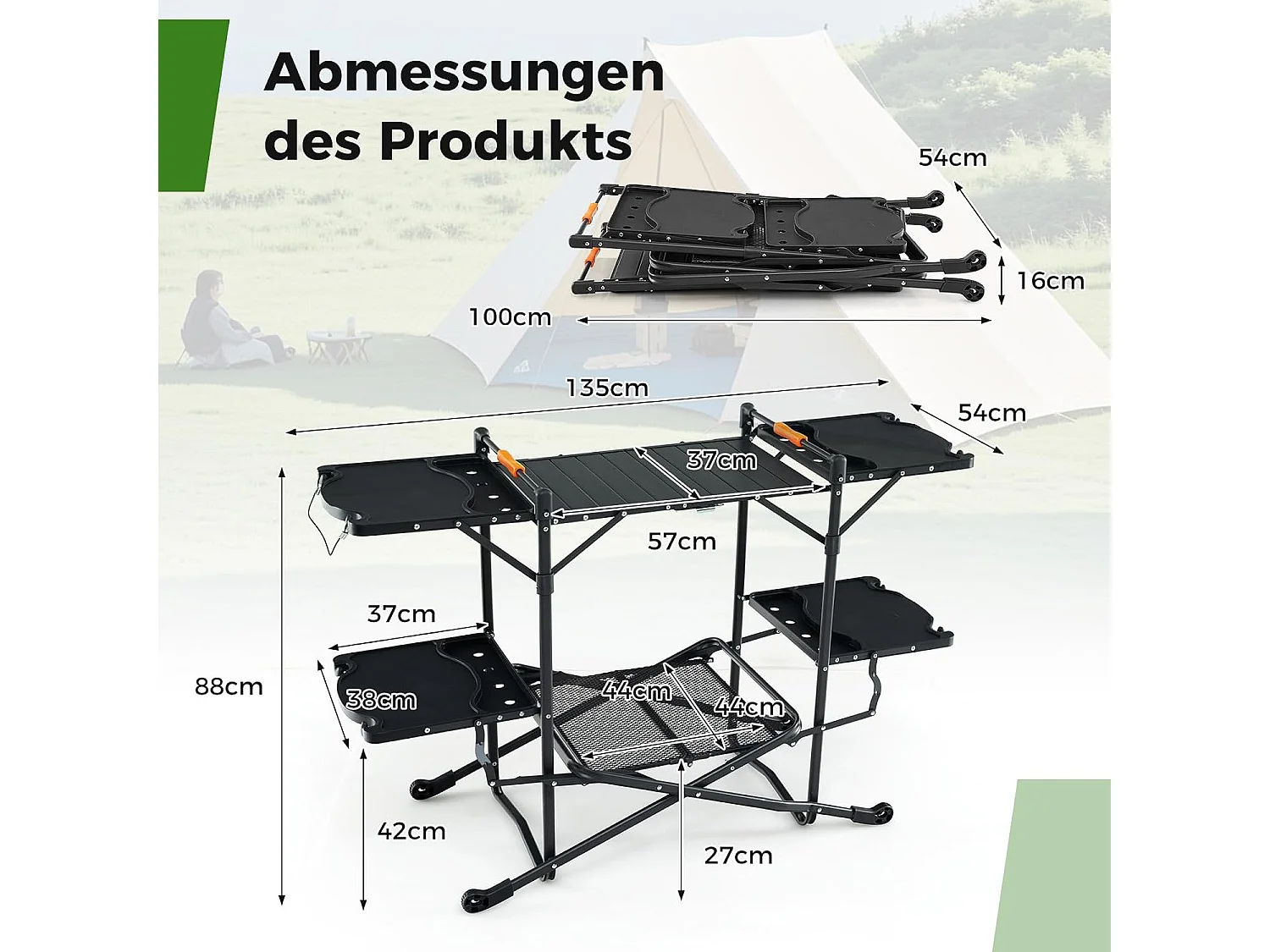 Campingkeuken, inklapbaar, reiskeuken, 4 zijtafels, opbergruimte en draagtas, campingkeuken, outdoor kookstation voor picknick, barbecue, camping en reizen