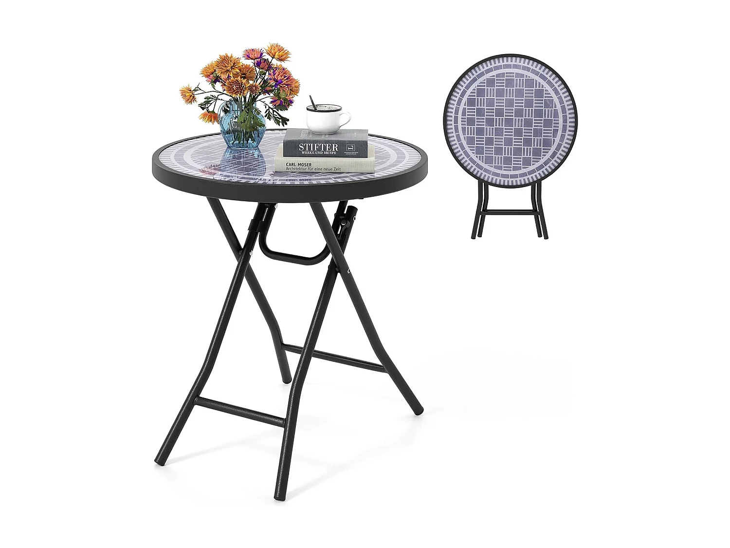 Bijzettafel inklapbaar, kleine klaptafel,tuintafel, ronde balkontafel met tafelblad van gehard glas voor balkon, tuin, terras, 46 x 46 x 48 cm (grijs) ZB33536