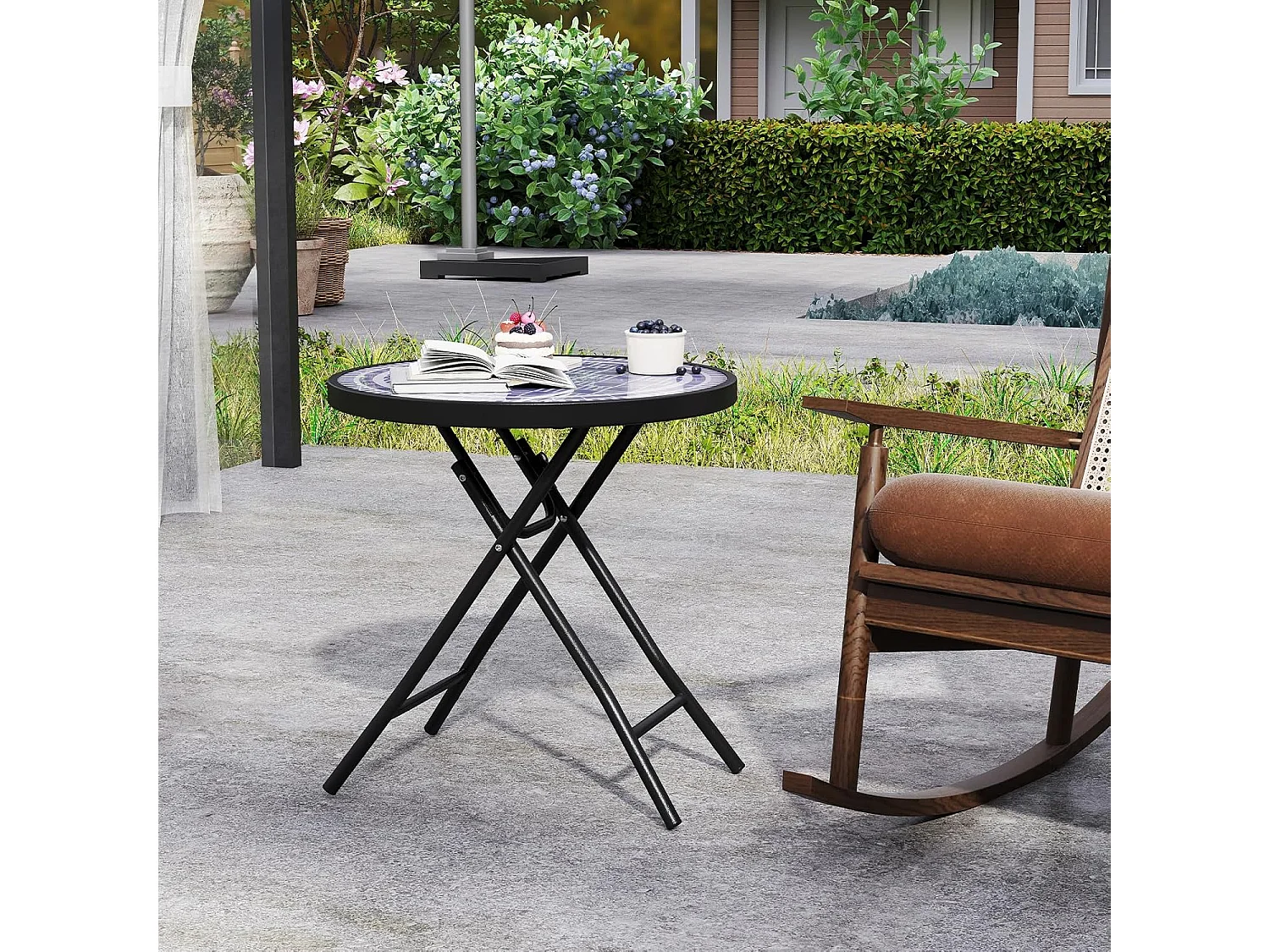 Bijzettafel inklapbaar, kleine klaptafel,tuintafel, ronde balkontafel met tafelblad van gehard glas voor balkon, tuin, terras, 46 x 46 x 48 cm (grijs) ZB33536