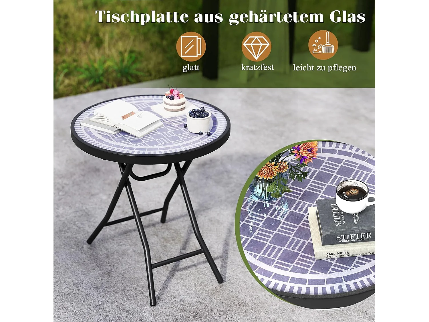 Bijzettafel inklapbaar, kleine klaptafel,tuintafel, ronde balkontafel met tafelblad van gehard glas voor balkon, tuin, terras, 46 x 46 x 48 cm (grijs) ZB33536