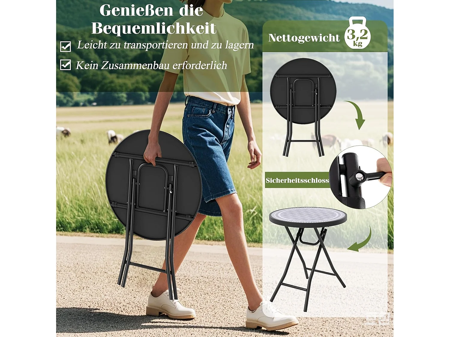 Bijzettafel inklapbaar, kleine klaptafel,tuintafel, ronde balkontafel met tafelblad van gehard glas voor balkon, tuin, terras, 46 x 46 x 48 cm (grijs) ZB33536