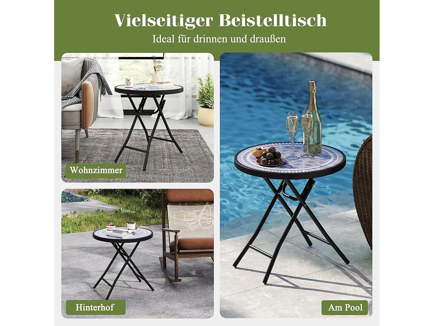 Bijzettafel inklapbaar, kleine klaptafel,tuintafel, ronde balkontafel met tafelblad van gehard glas voor balkon, tuin, terras, 46 x 46 x 48 cm (grijs) ZB33536