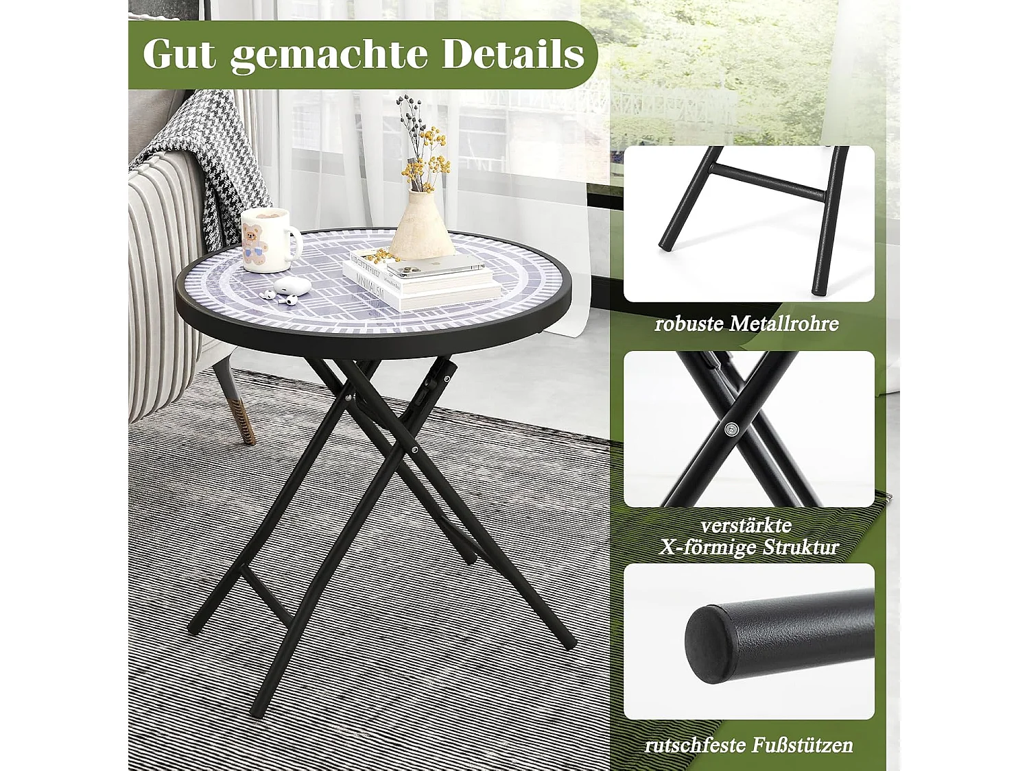 Bijzettafel inklapbaar, kleine klaptafel,tuintafel, ronde balkontafel met tafelblad van gehard glas voor balkon, tuin, terras, 46 x 46 x 48 cm (grijs) ZB33536