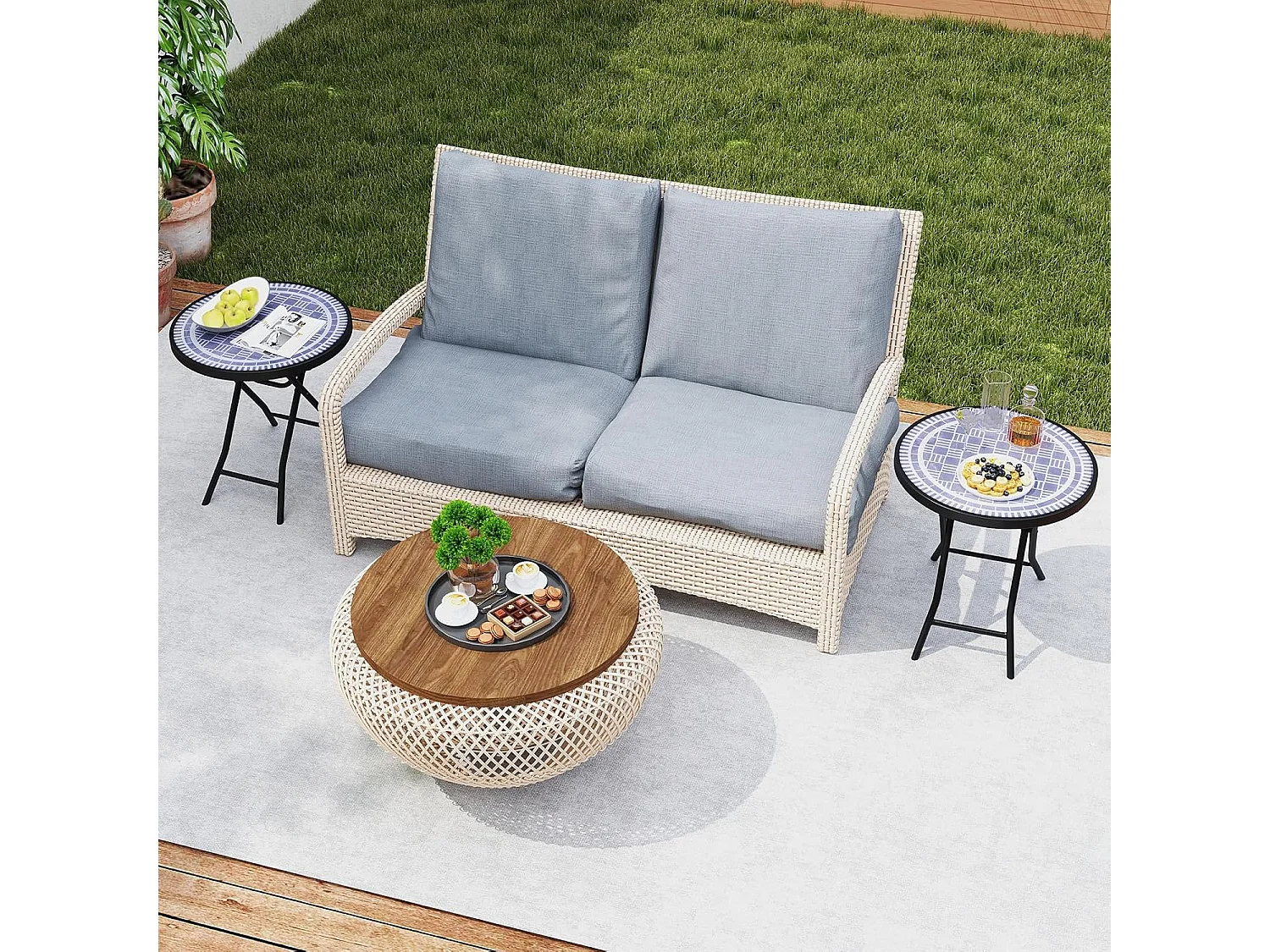 Bijzettafel inklapbaar, kleine klaptafel,tuintafel, ronde balkontafel met tafelblad van gehard glas voor balkon, tuin, terras, 46 x 46 x 48 cm (grijs) ZB33536