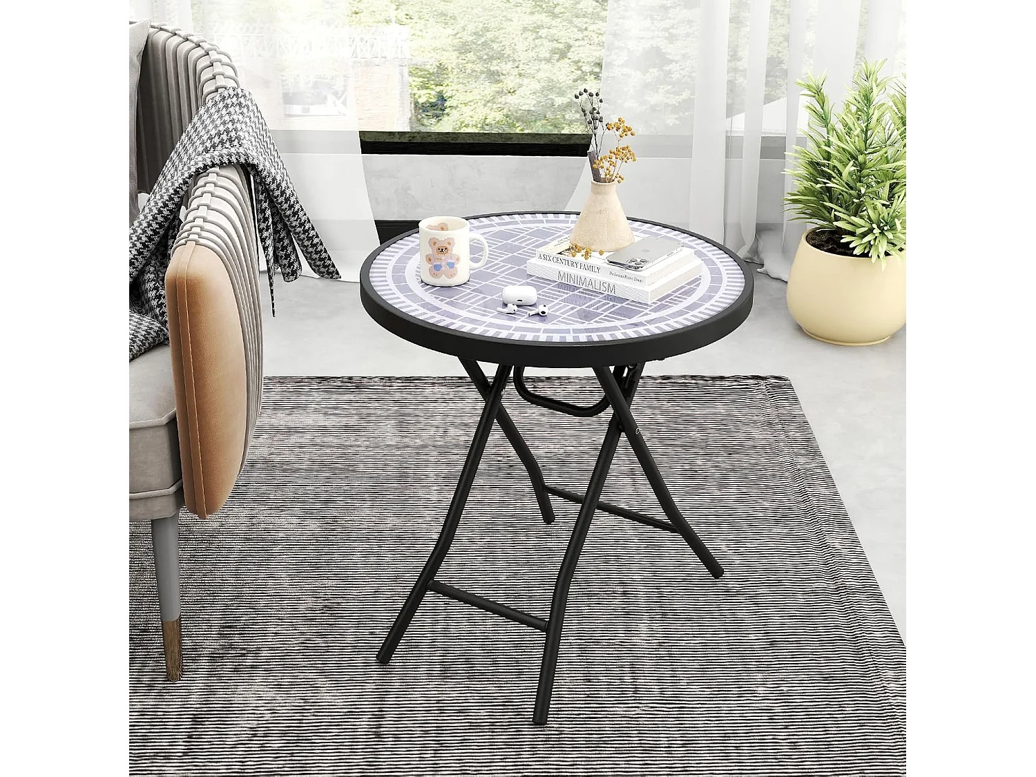 Bijzettafel inklapbaar, kleine klaptafel,tuintafel, ronde balkontafel met tafelblad van gehard glas voor balkon, tuin, terras, 46 x 46 x 48 cm (grijs) ZB33536