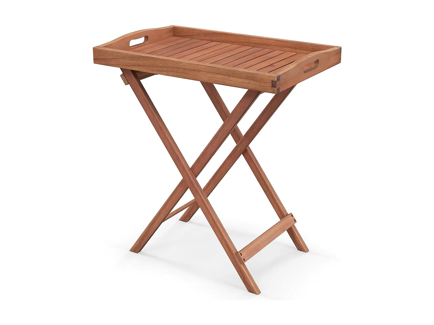 Bijzettafel van acaciahout, kleine balkontafel, houten tafel met lamellen, koffietafel voor tuin, balkon, woonkamer (met rand, 68 x 44 x 74 cm)