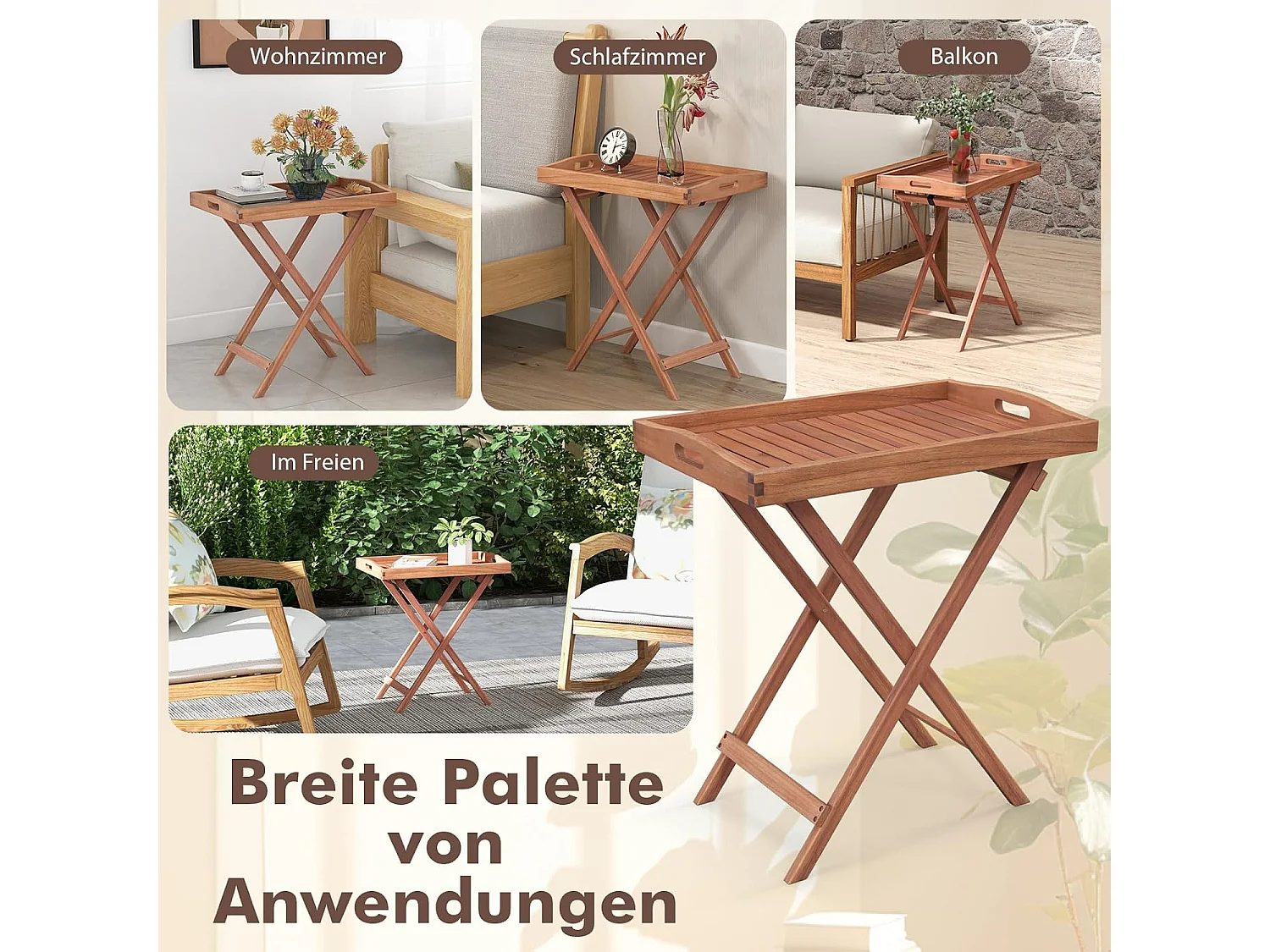 Bijzettafel van acaciahout, kleine balkontafel, houten tafel met lamellen, koffietafel voor tuin, balkon, woonkamer (met rand, 68 x 44 x 74 cm)