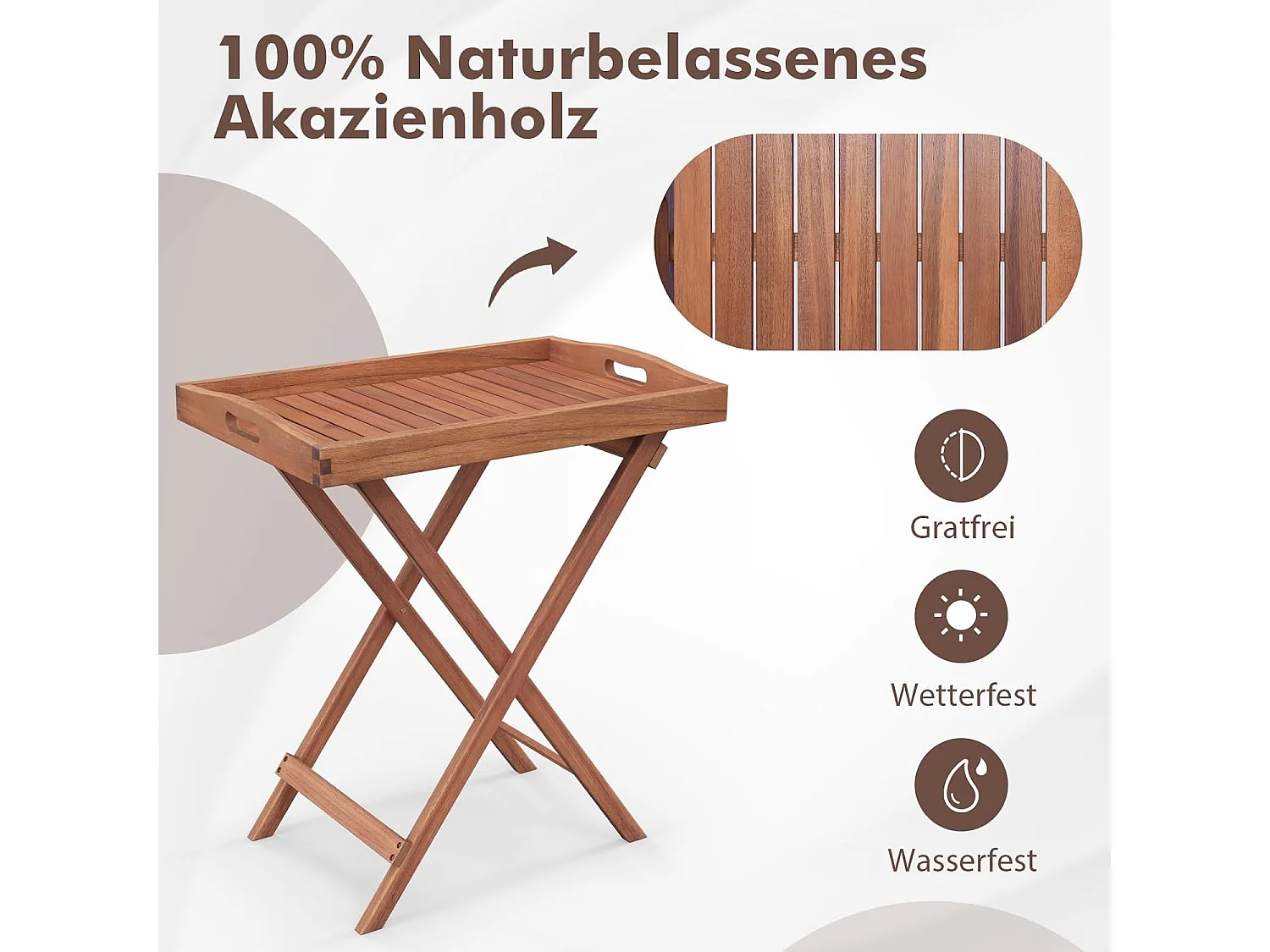 Bijzettafel van acaciahout, kleine balkontafel, houten tafel met lamellen, koffietafel voor tuin, balkon, woonkamer (met rand, 68 x 44 x 74 cm)