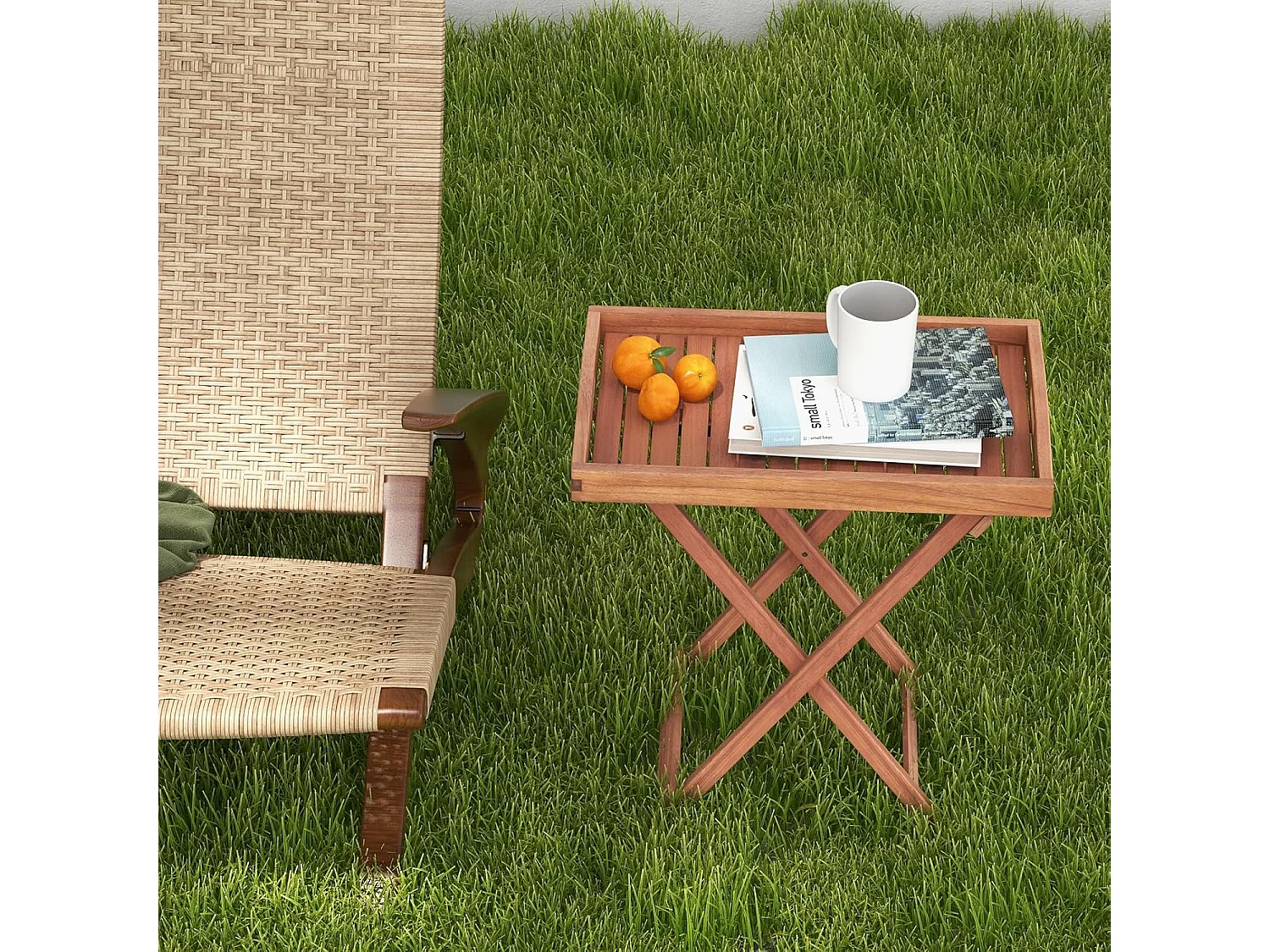 Bijzettafel van acaciahout, kleine balkontafel, houten tafel met lamellen, koffietafel voor tuin, balkon, woonkamer (met rand, 68 x 44 x 74 cm)