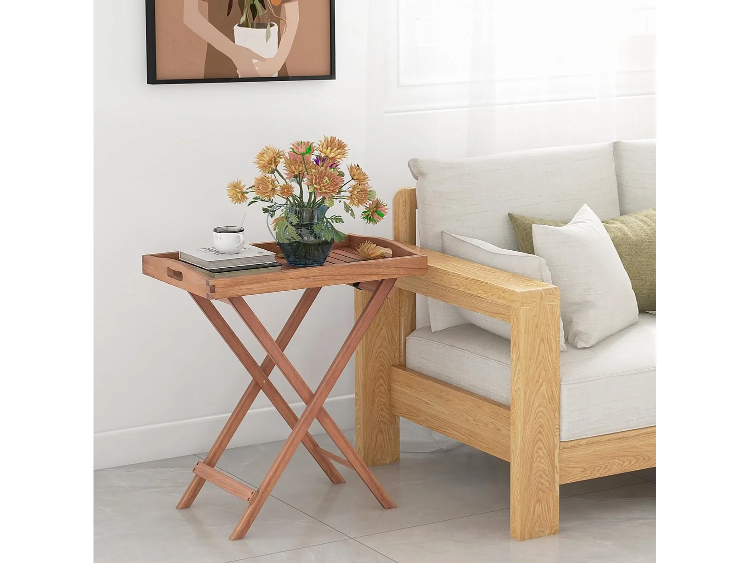 Bijzettafel van acaciahout, kleine balkontafel, houten tafel met lamellen, koffietafel voor tuin, balkon, woonkamer (met rand, 68 x 44 x 74 cm)