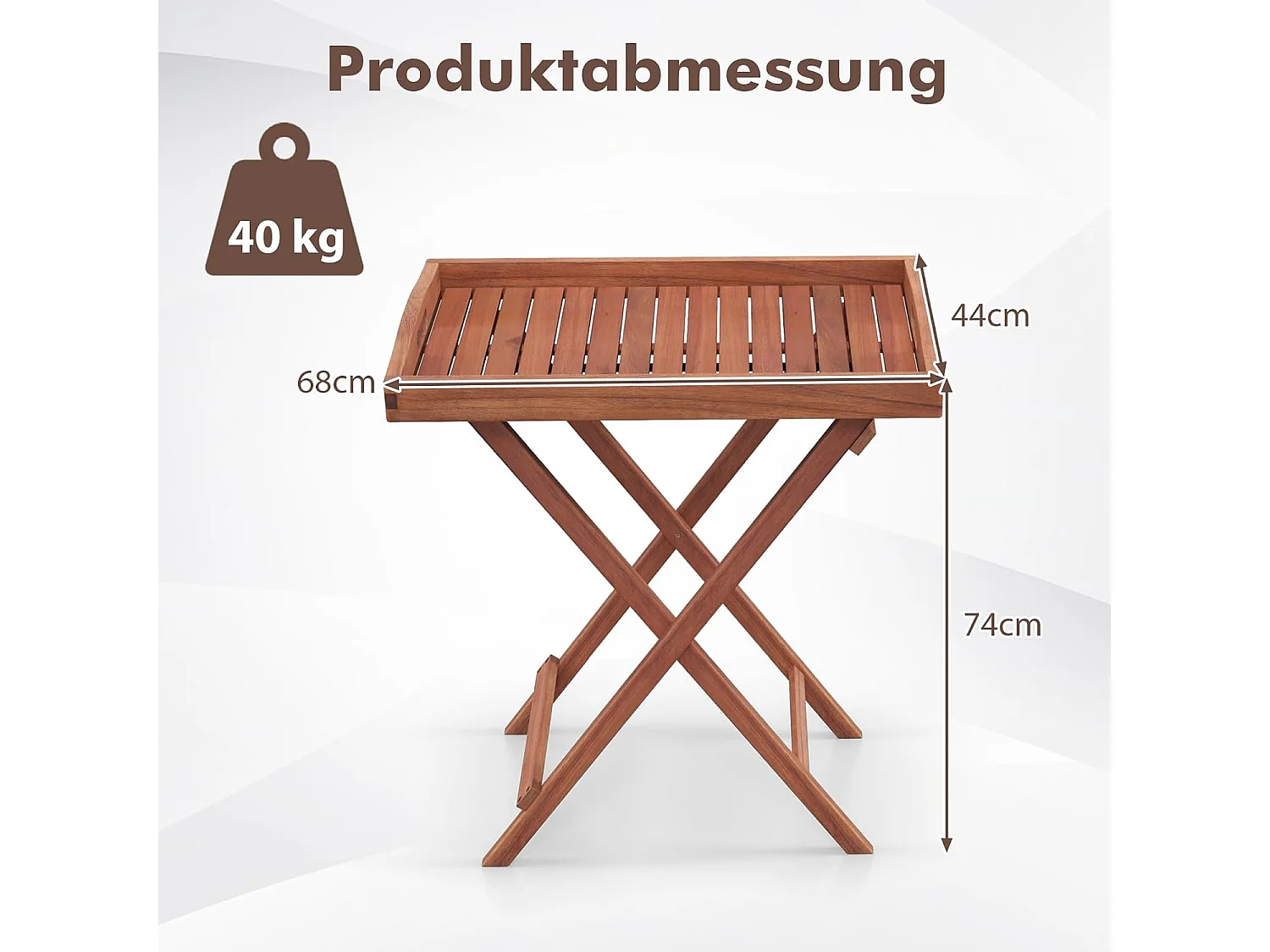 Bijzettafel van acaciahout, kleine balkontafel, houten tafel met lamellen, koffietafel voor tuin, balkon, woonkamer (met rand, 68 x 44 x 74 cm)