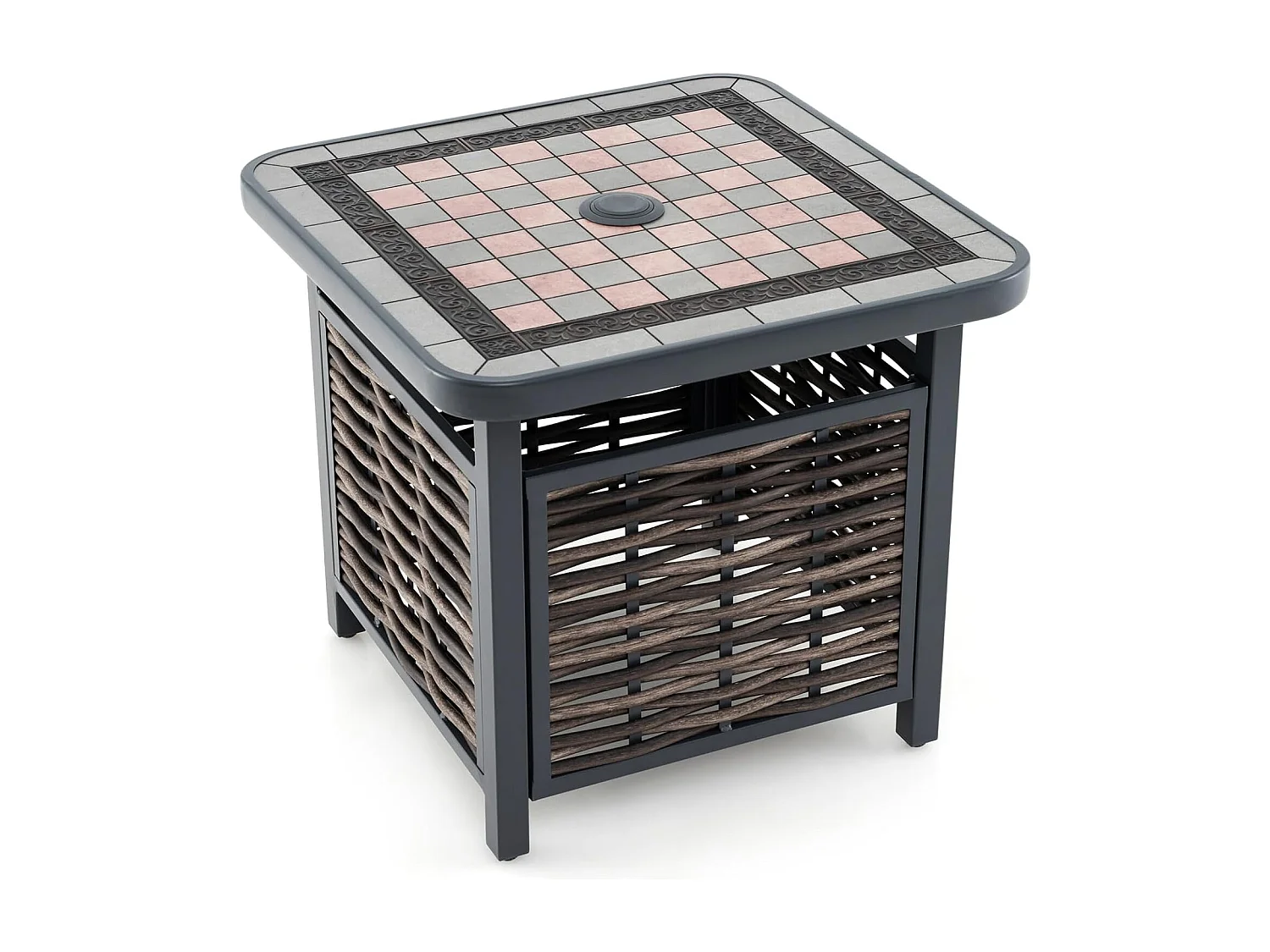 Bijzettafel van polyrotan, tuintafel met hars-tafelblad en parasolgat, balkontafel, weerbestendig, voor terras, balkon, tuin, 55 x 55 x 50 cm